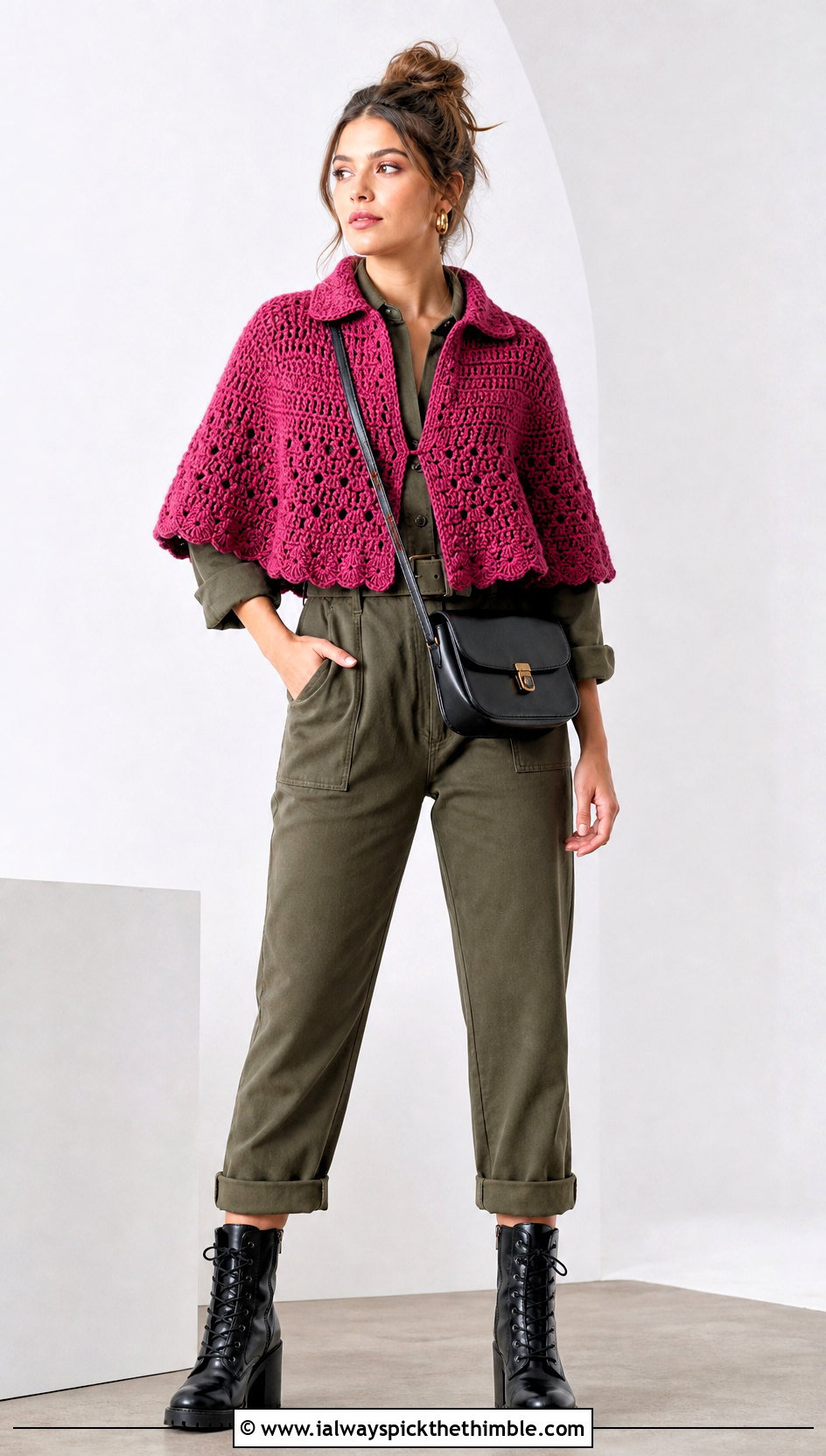 Collared Crochet Poncho With Utility Jumpsuit - 20 woman winter crochet poncho outfit ideas