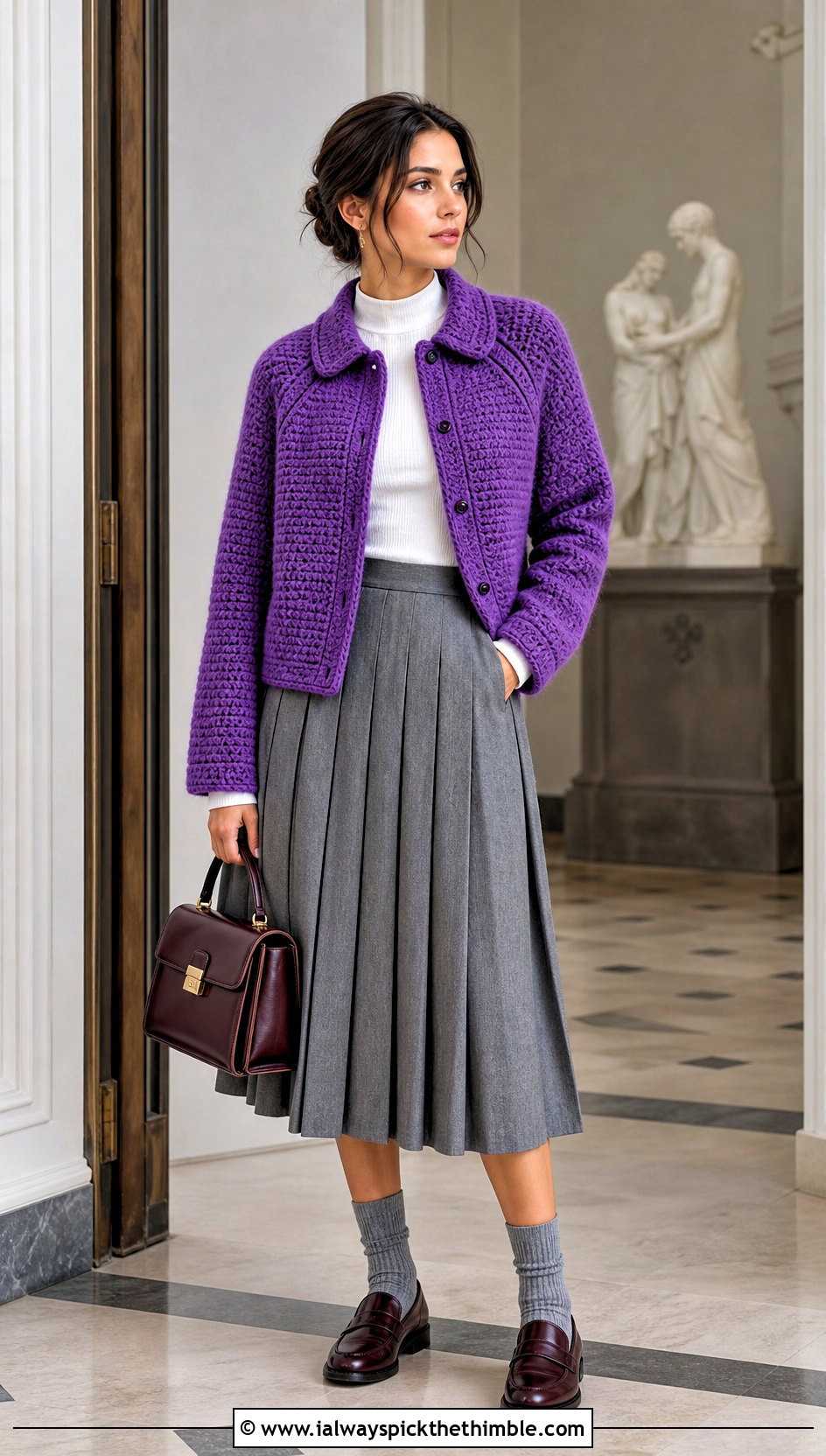 Collared Crochet Raglan Jacket With Pleated Midi Skirt - 15 crochet raglan jacket outfit ideas