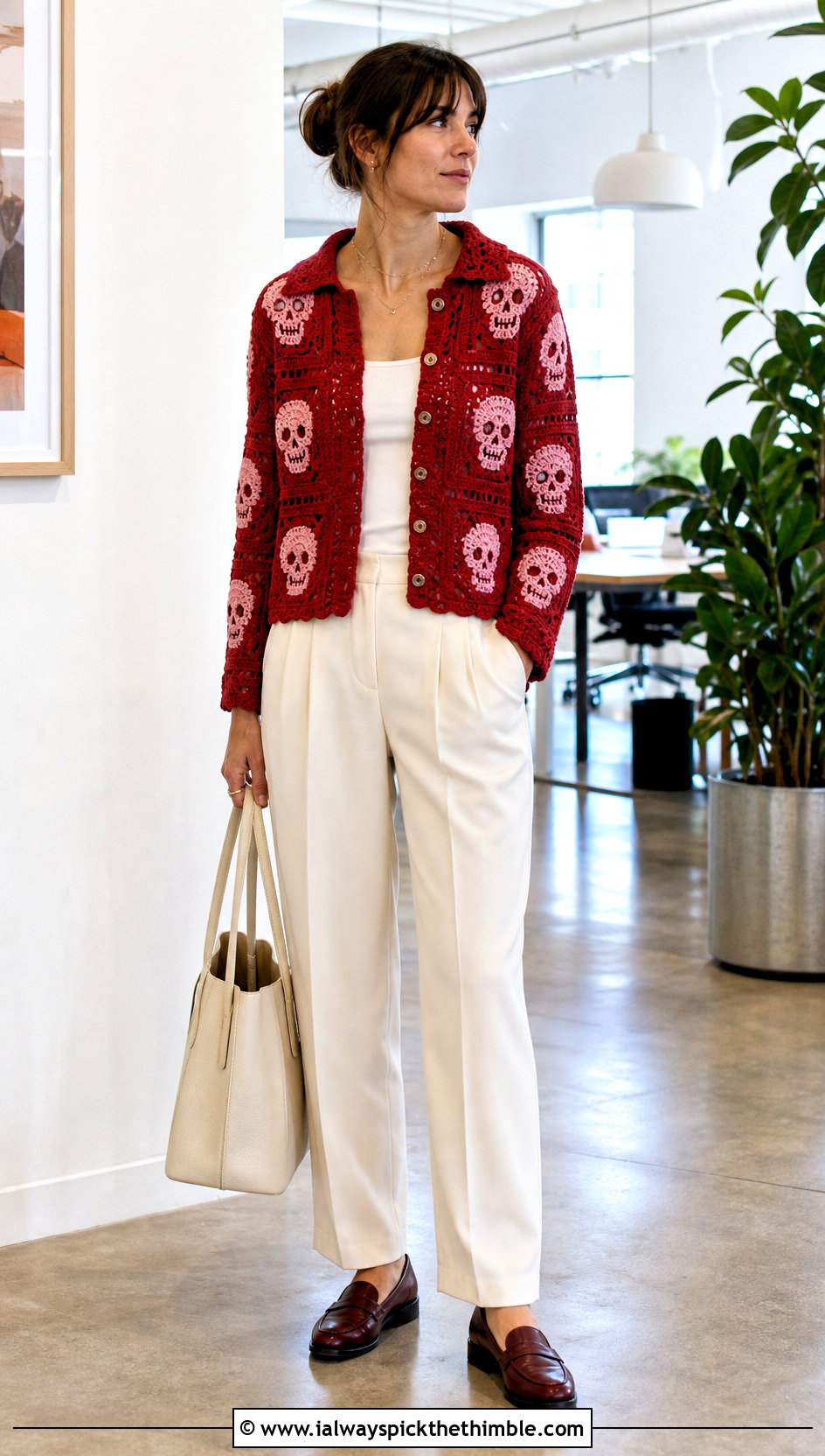 Collared Crochet Skull Granny Square Cardigan With Pleated Trousers - 20 crochet skull granny square cardigan outfit ideas
