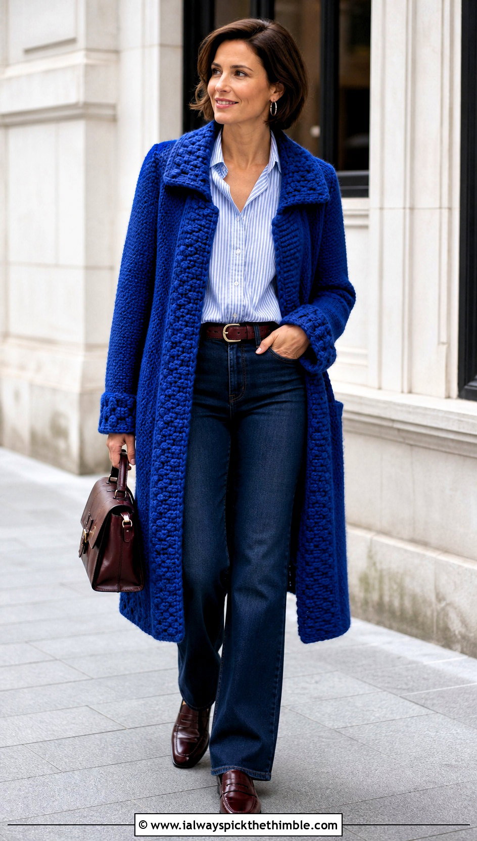 Collared Crochet Sweater Coat With A Button Down Shirt And Jeans - 20 Crochet Sweater Coat outfit ideas