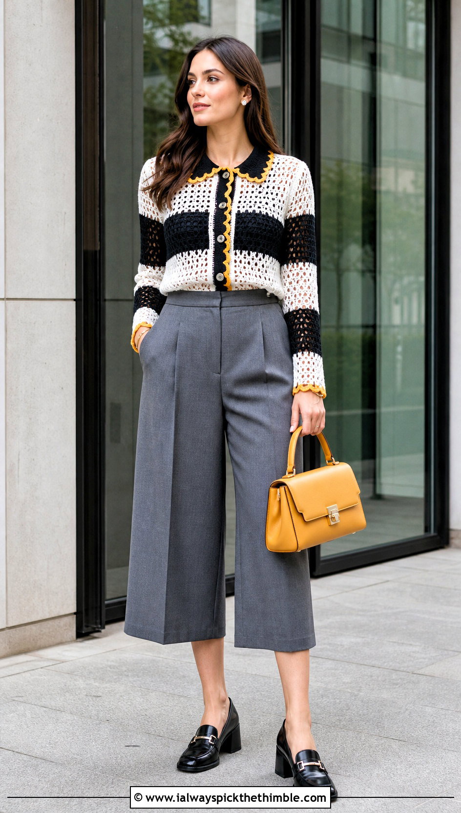 Collared Crochet Sweater With Culottes - 25 black and white crochet sweater outfit ideas