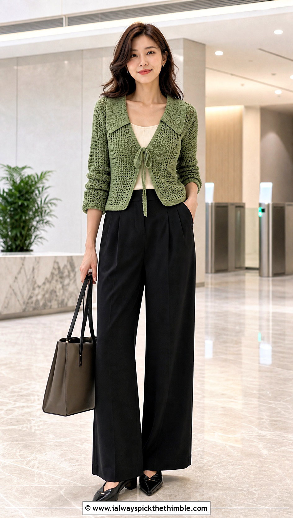 Collared Crochet Tie Cardigan With Wide Leg Suit Pants - 25 crochet tie cardigan outfit ideas