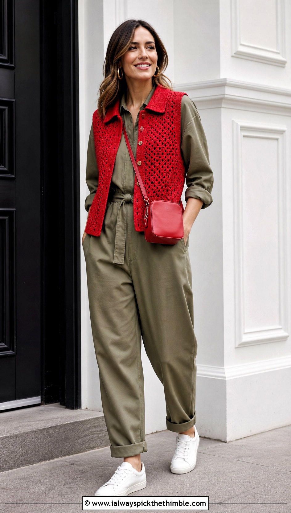 Collared Crochet Vest With Utility Jumpsuit - 25 easy crochet vest outfit ideas