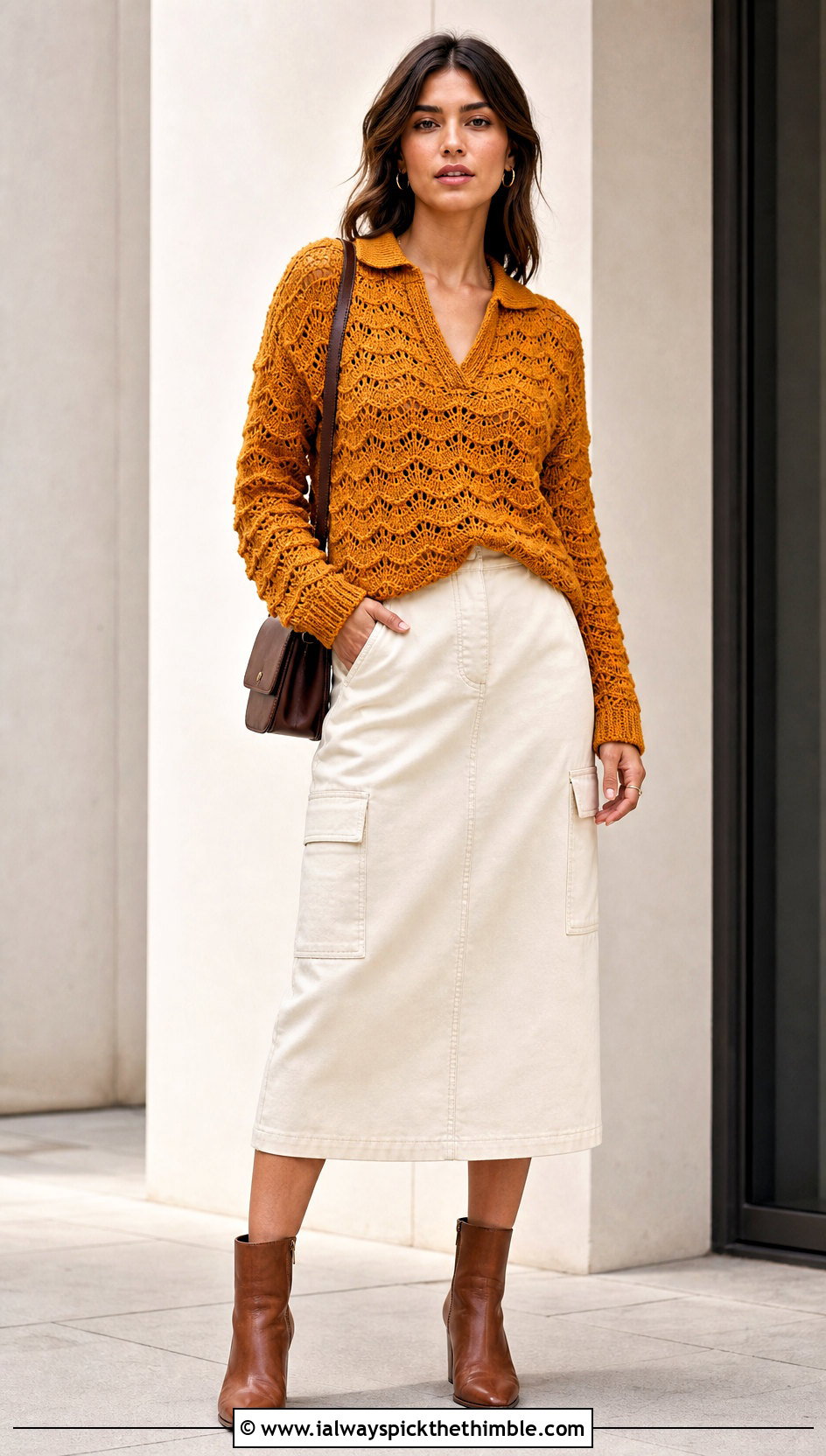 Collared Crochet Wave Sweater With Utility Skirt - 20 crochet wave sweater outfit ideas