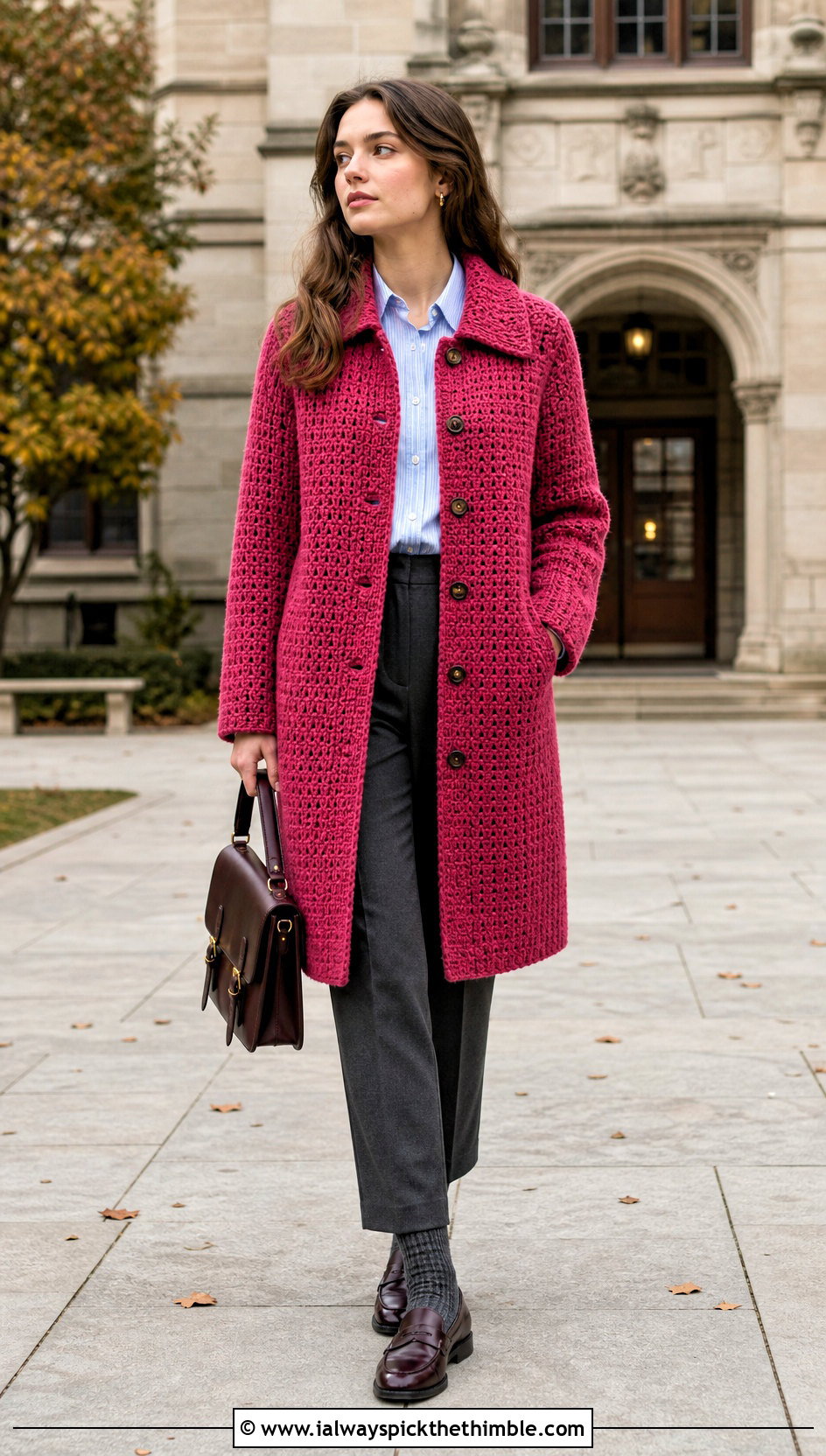 Collared Crochet Winter Coat With Button Down Shirt And Loafers - 20 Crochet Winter Coat outfit ideas