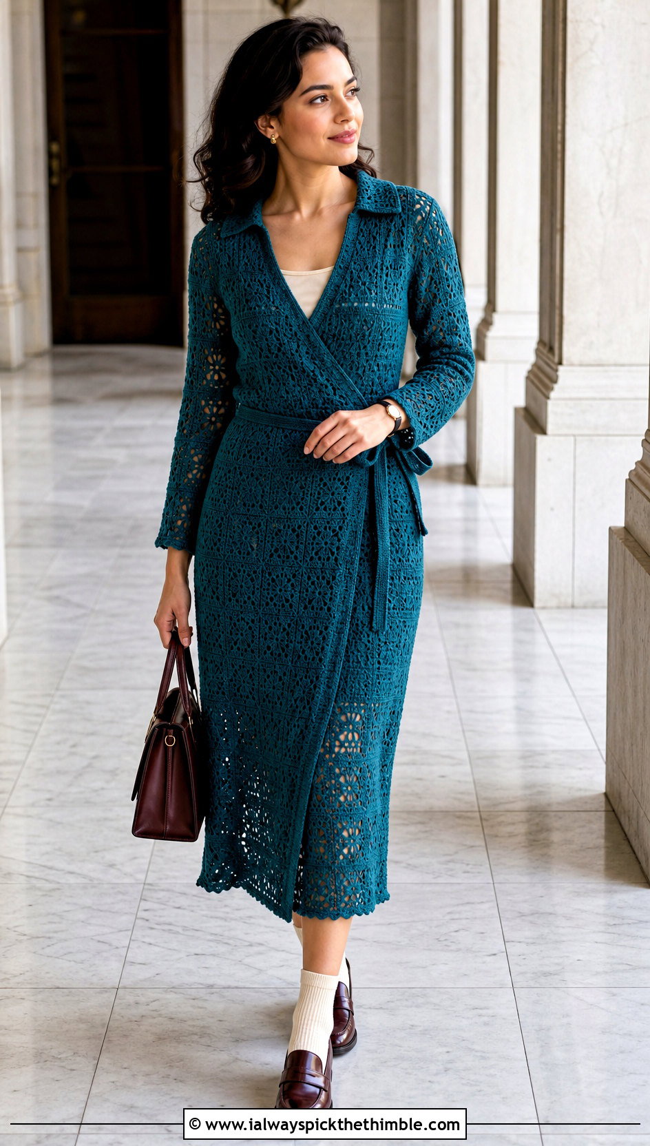 Collared Crochet Wrap Dress With Loafers - 25 crochet wrap dress outfit ideas