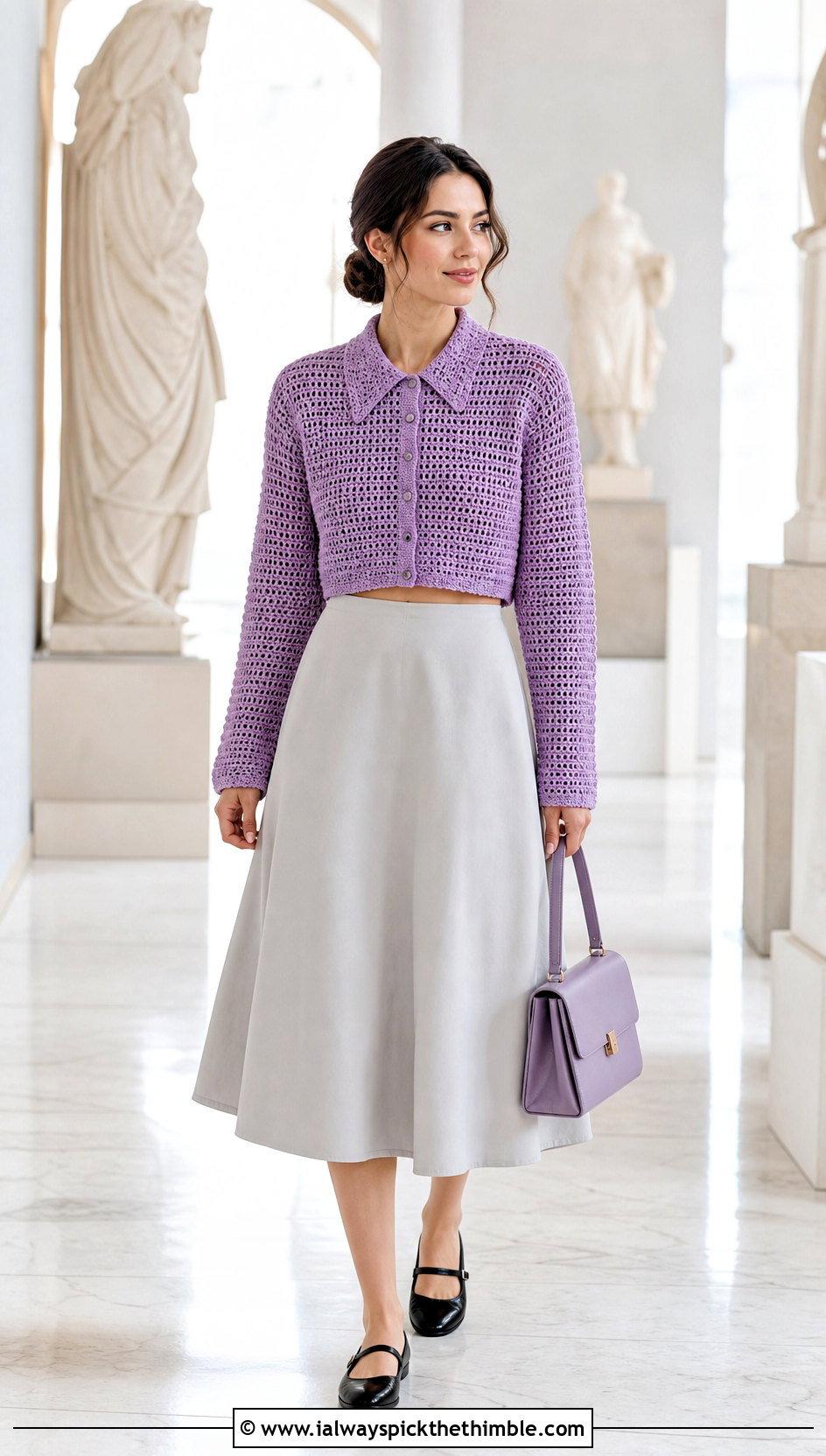 Collared Cropped Crochet Sweater With A Line Midi Skirt - 25 crochet cropped sweater outfit ideas