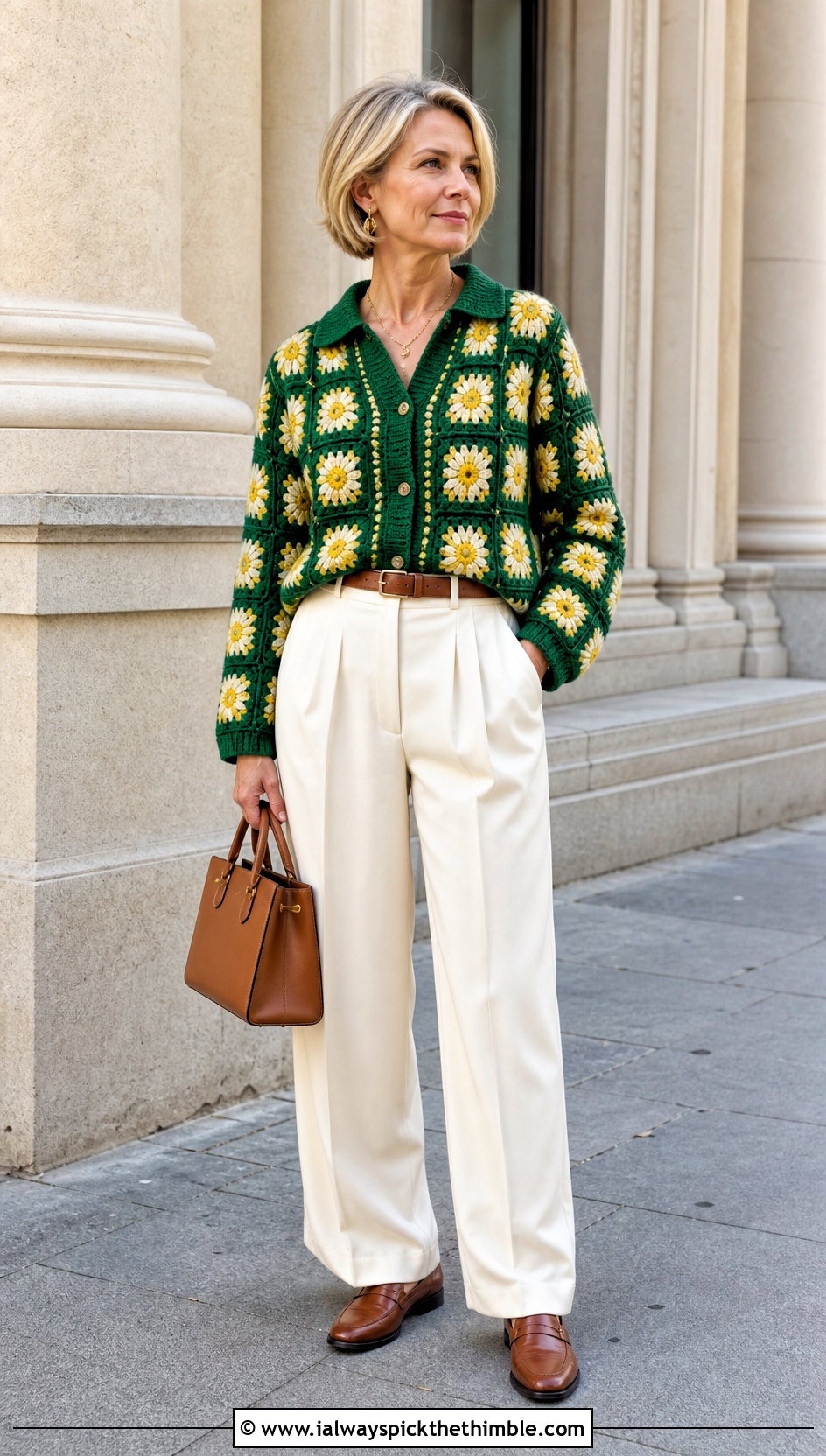 Collared Daisy Granny Square Cardigan With Pleated Trousers - 20 Daisy Granny Square Cardigan outfit ideas