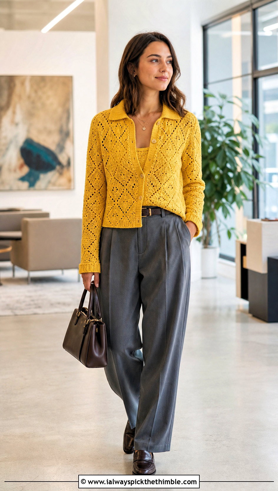 Collared Diamond Motif Crochet Cardigan With Pleated Pants - 20 diamond crochet cardigan outfit ideas