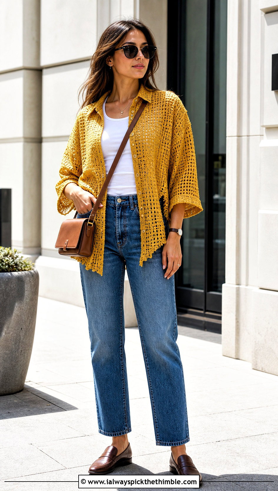 Collared Distressed Crochet Shirt Top With Straight Jeans - 25 Distressed Crochet Top outfit ideas