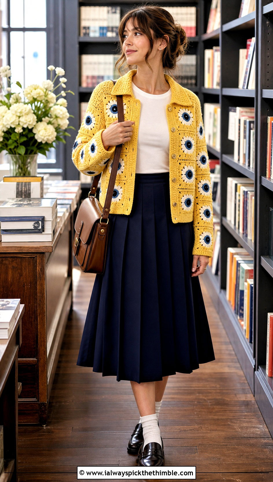 Collared Eyeball Cardigan With Pleated Midi Skirt - 15 Crochet Eyeball Cardigan outfit ideas
