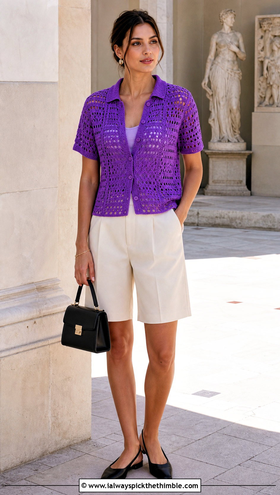 Collared Filet Crochet Cardigan With Bermuda Shorts - 20 short sleeve summer crochet cardigan outfit ideas