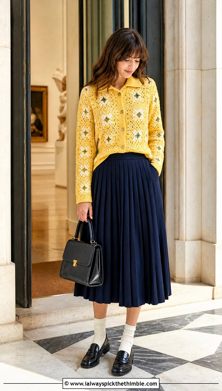 Collared Floral Crochet Cardigan With Pleated Midi Skirt - 20 Flower Crochet Cardigan outfit ideas
