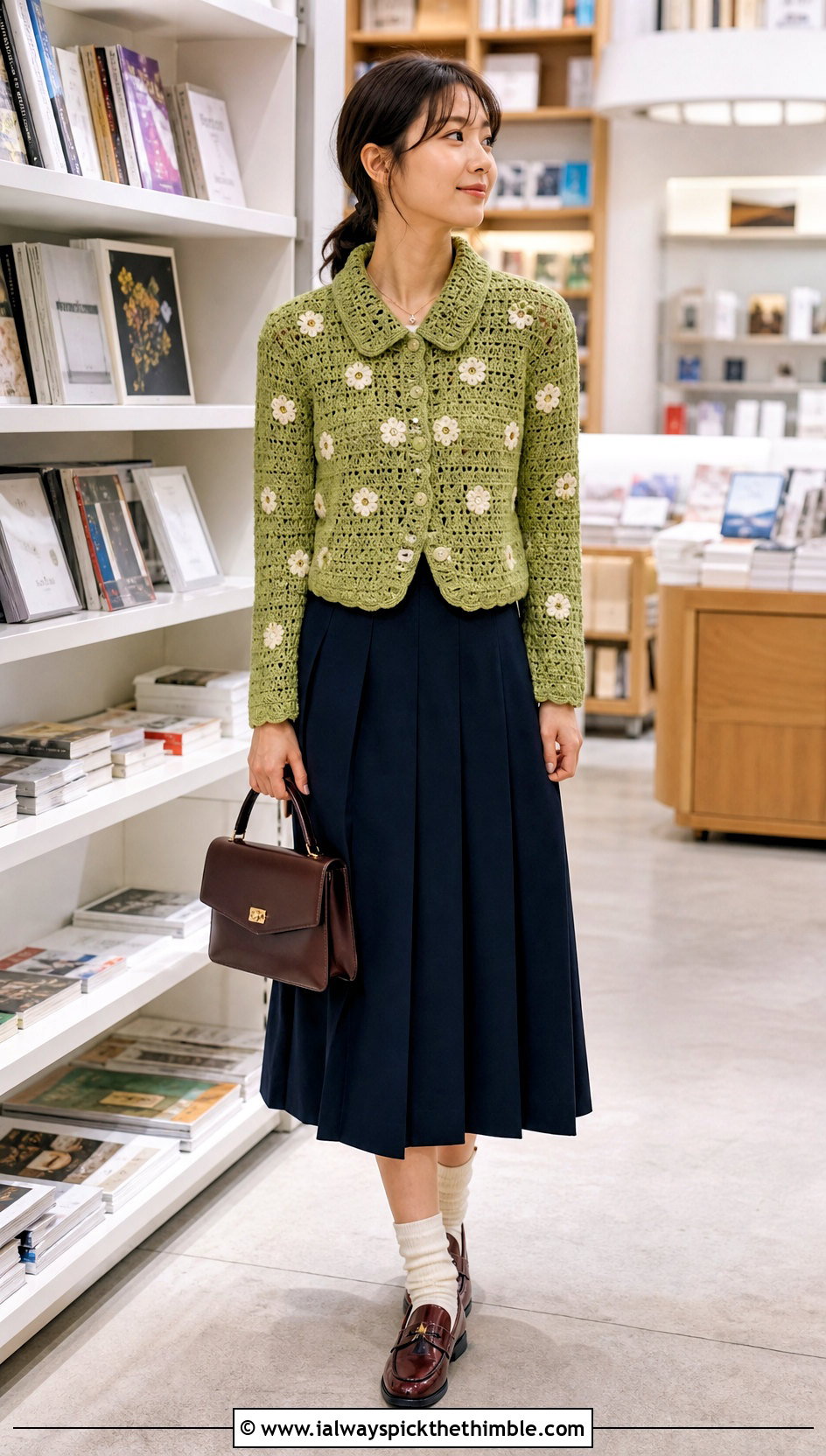 Collared Flower Cardigan With Pleated Skirt - 20 crochet flower cardigan outfit ideas