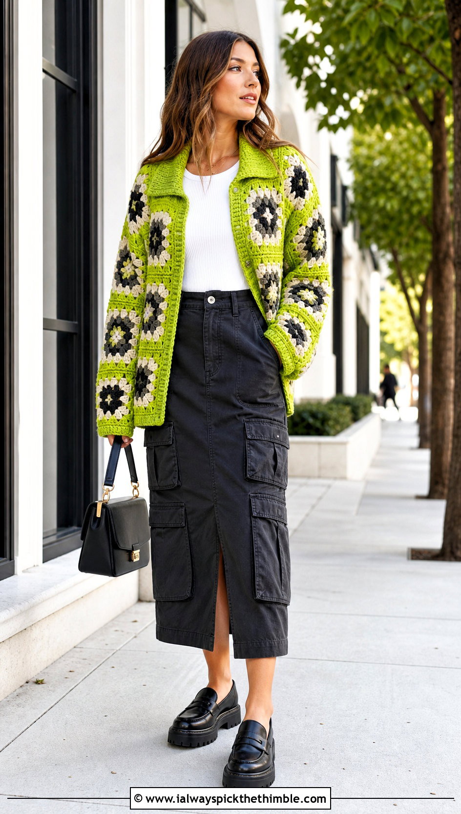 Collared Giant Granny Square Cardigan With Cargo Midi Skirt - 25 giant granny square cardigan outfit ideas