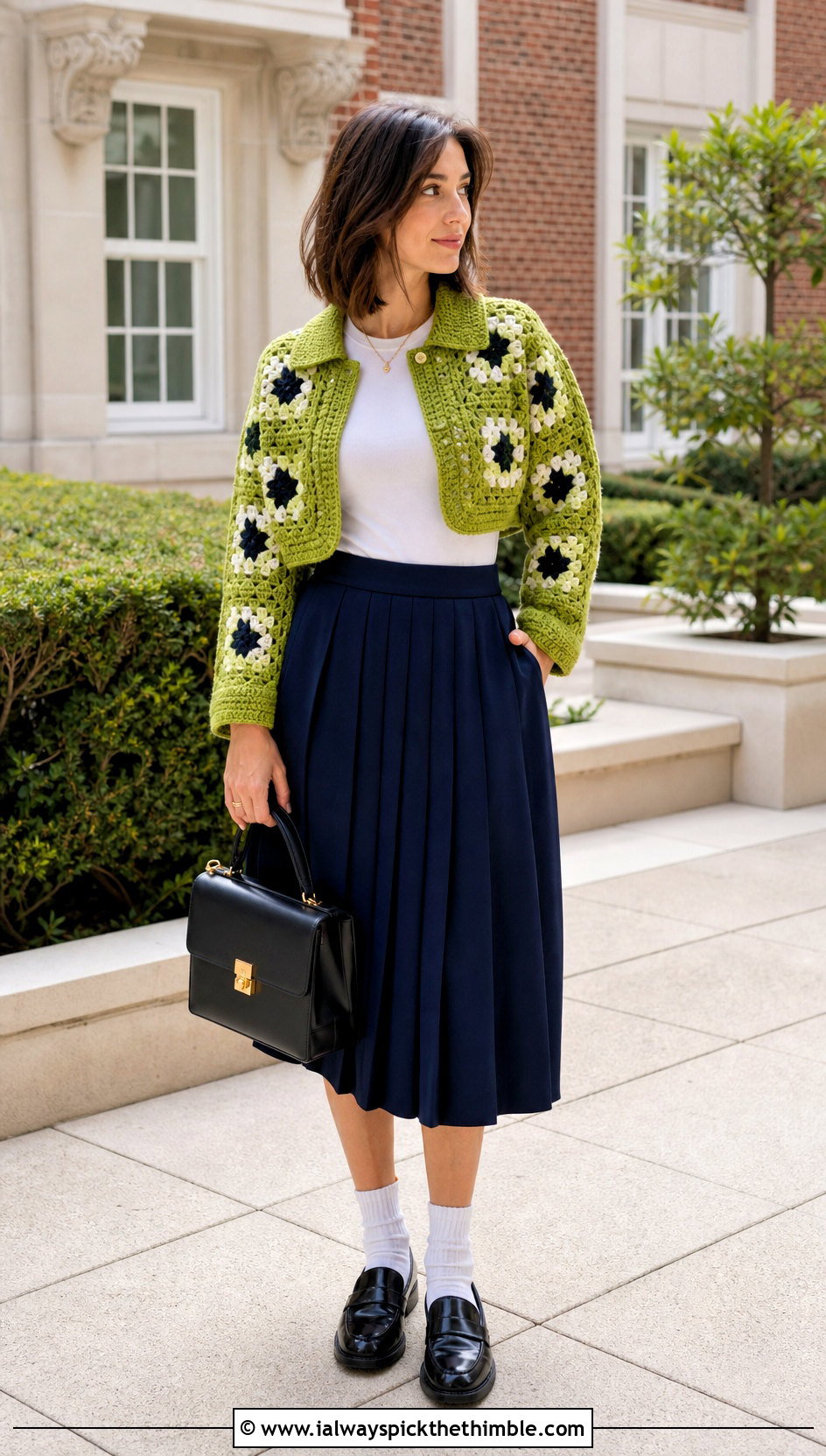 Collared Granny Square Bolero With Preppy Skirt - 25 granny square bolero outfit ideas