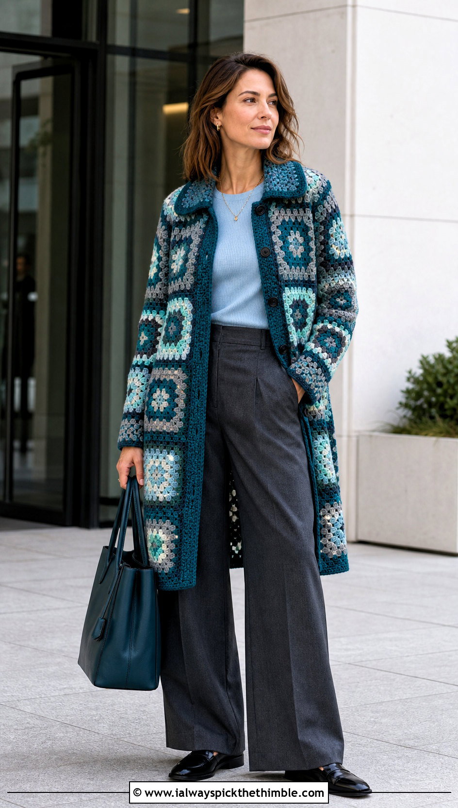 Collared Granny Square Car Coat With Tailored Trousers - 15 Granny Square Car Coat outfit ideas