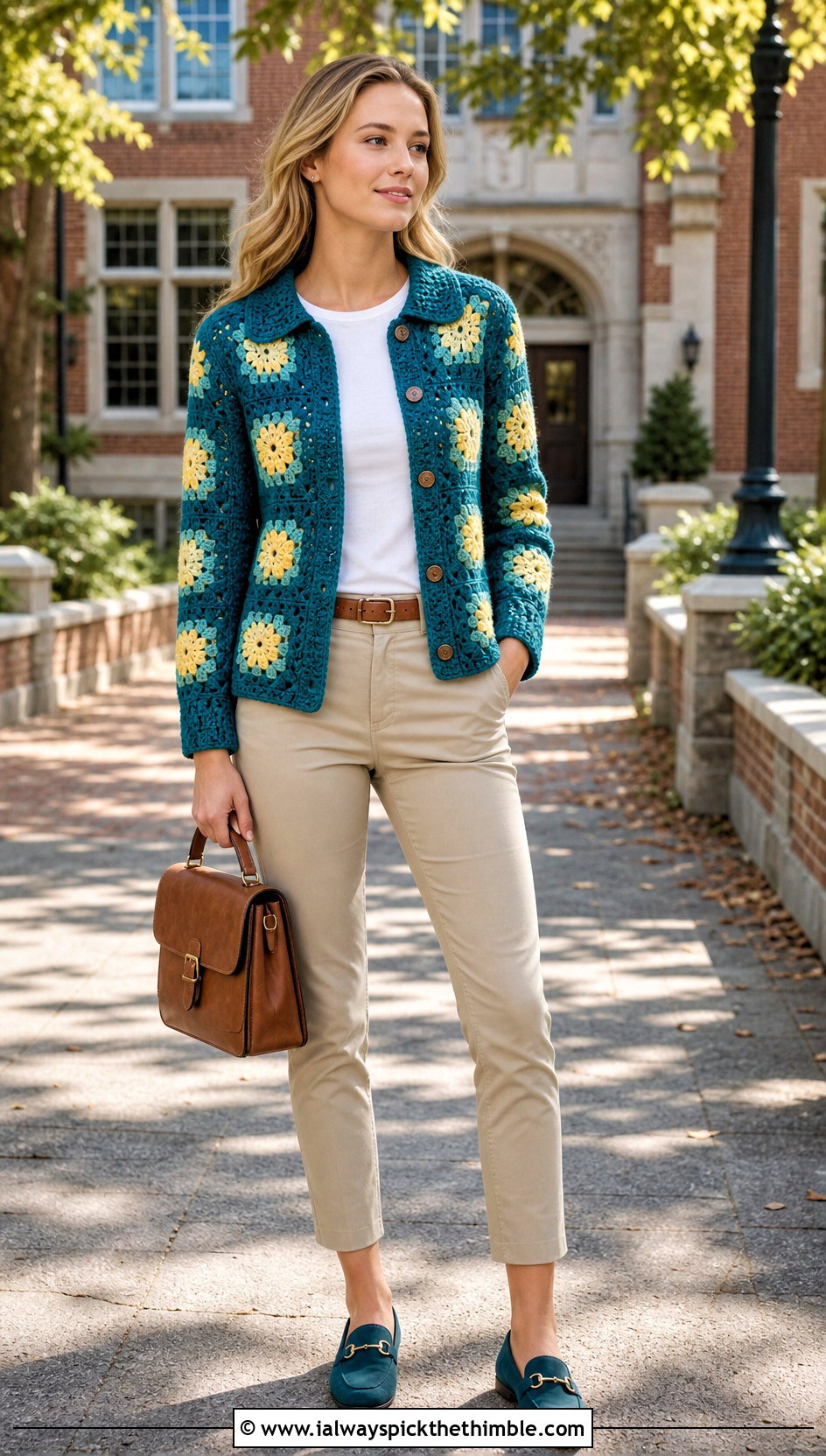 Collared Granny Square Cardigan With Chinos - 25 Easy Simple Crochet Granny Square Cardigan outfit ideas
