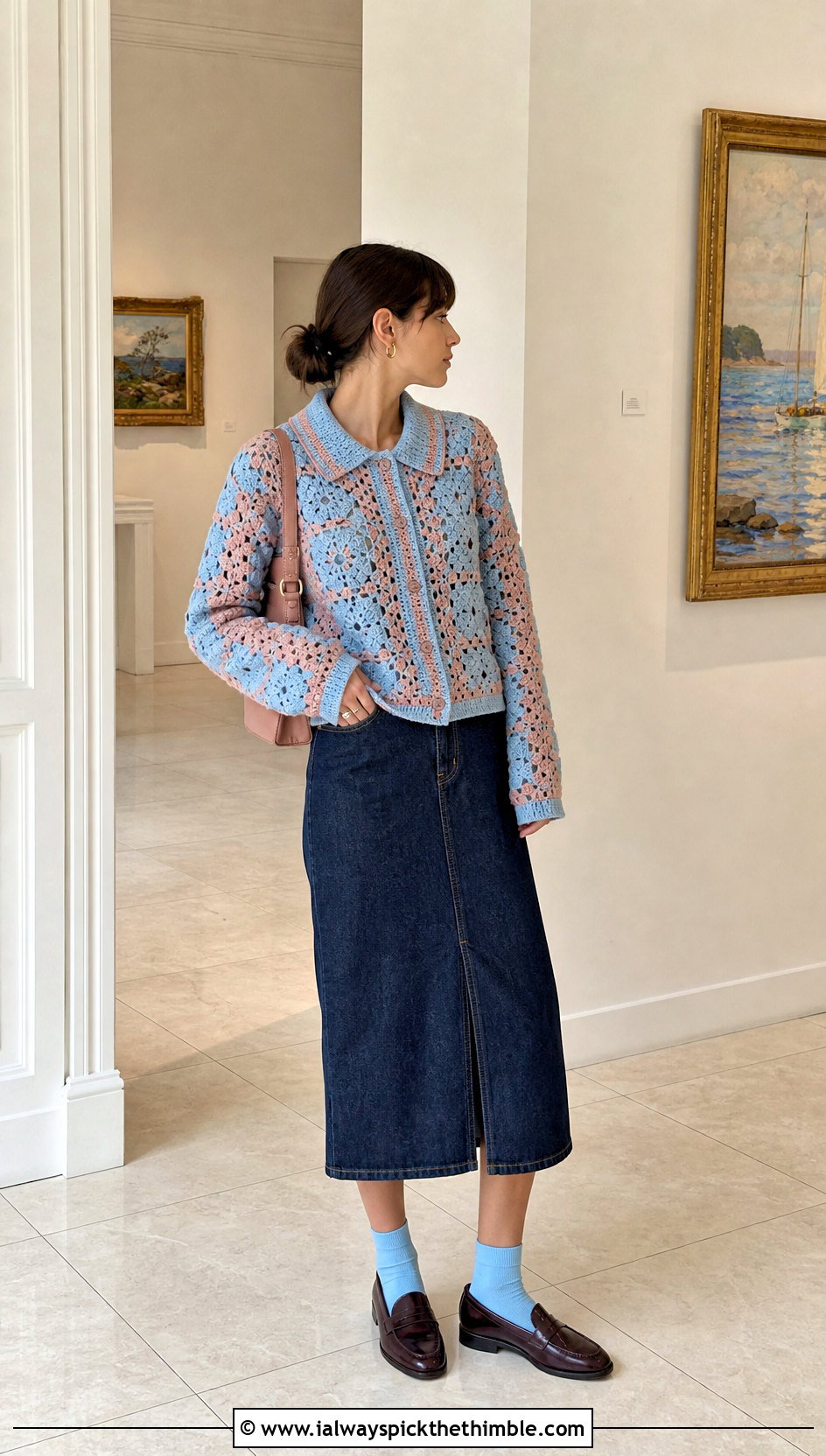 Collared Granny Square Cardigan With Denim Midi Skirt - 20 pastel granny square cardigan outfit ideas