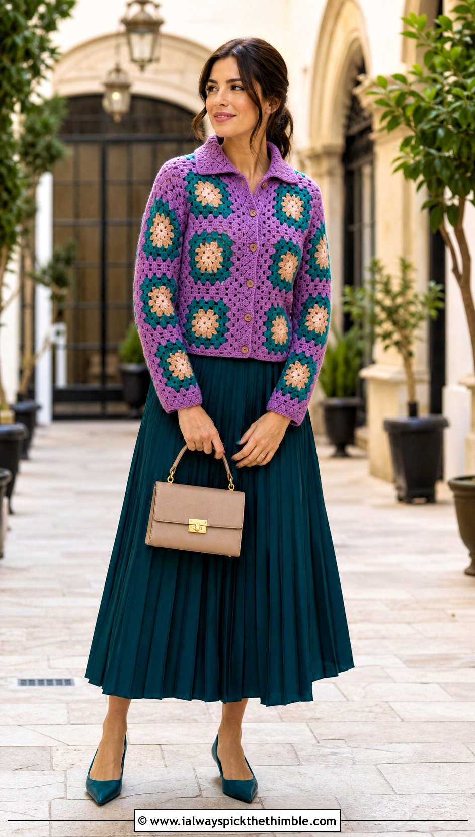 Collared Granny Square Cardigan With Pleated Midi Skirt - 20 crochet granny squares cardigan outfit ideas