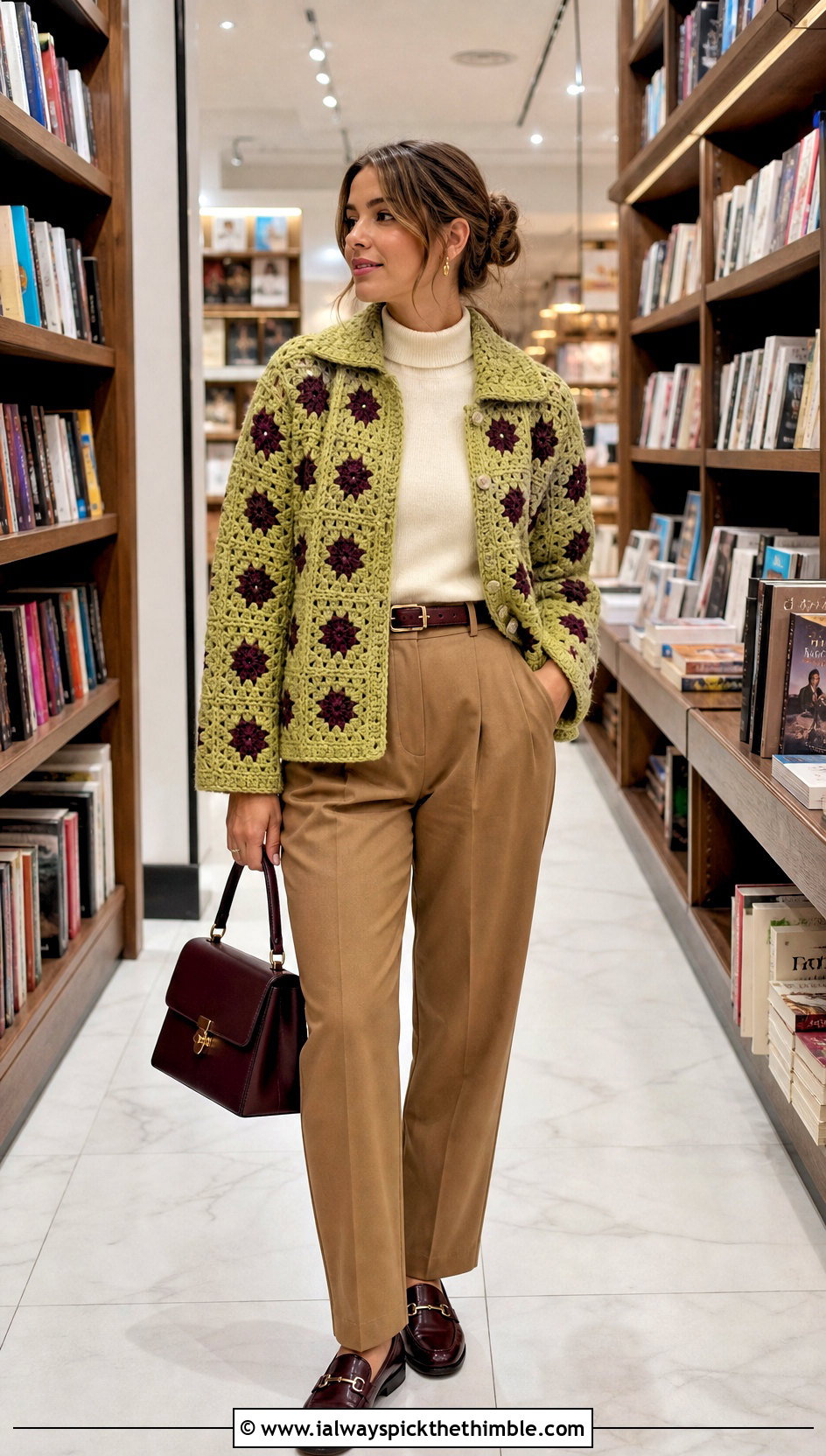 Collared Granny Square Cardigan With Pleated Pants - 15 Womens Granny Square Cardigan outfit ideas