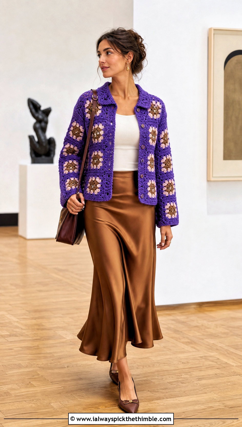 Collared Granny Square Cardigan With Slip Skirt - 20 crochet square cardigan outfit ideas