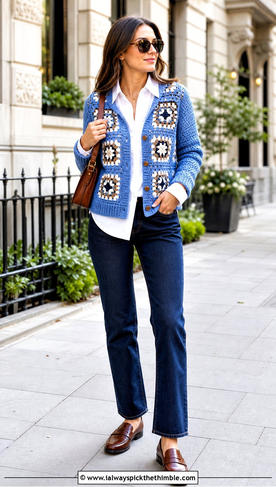 Collared Granny Square Cardigan With White Shirt And Jeans - 25 granny square crochet sweater outfit ideas