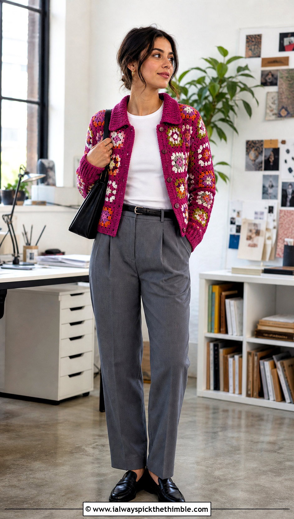 Collared Granny Square Crochet Cardigan With Pleated Trousers - 25 granny square crochet cardigan outfit ideas