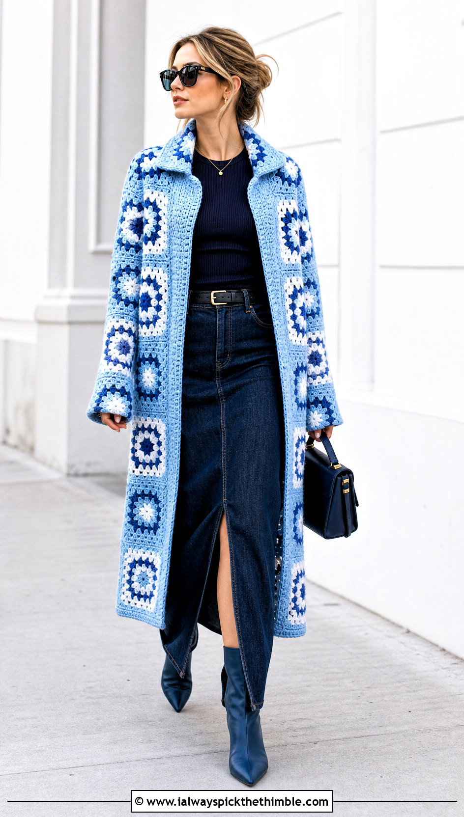 Collared Granny Square Crochet Coat With Denim Maxi Skirt - 20 Granny Square Crochet Coat outfit ideas