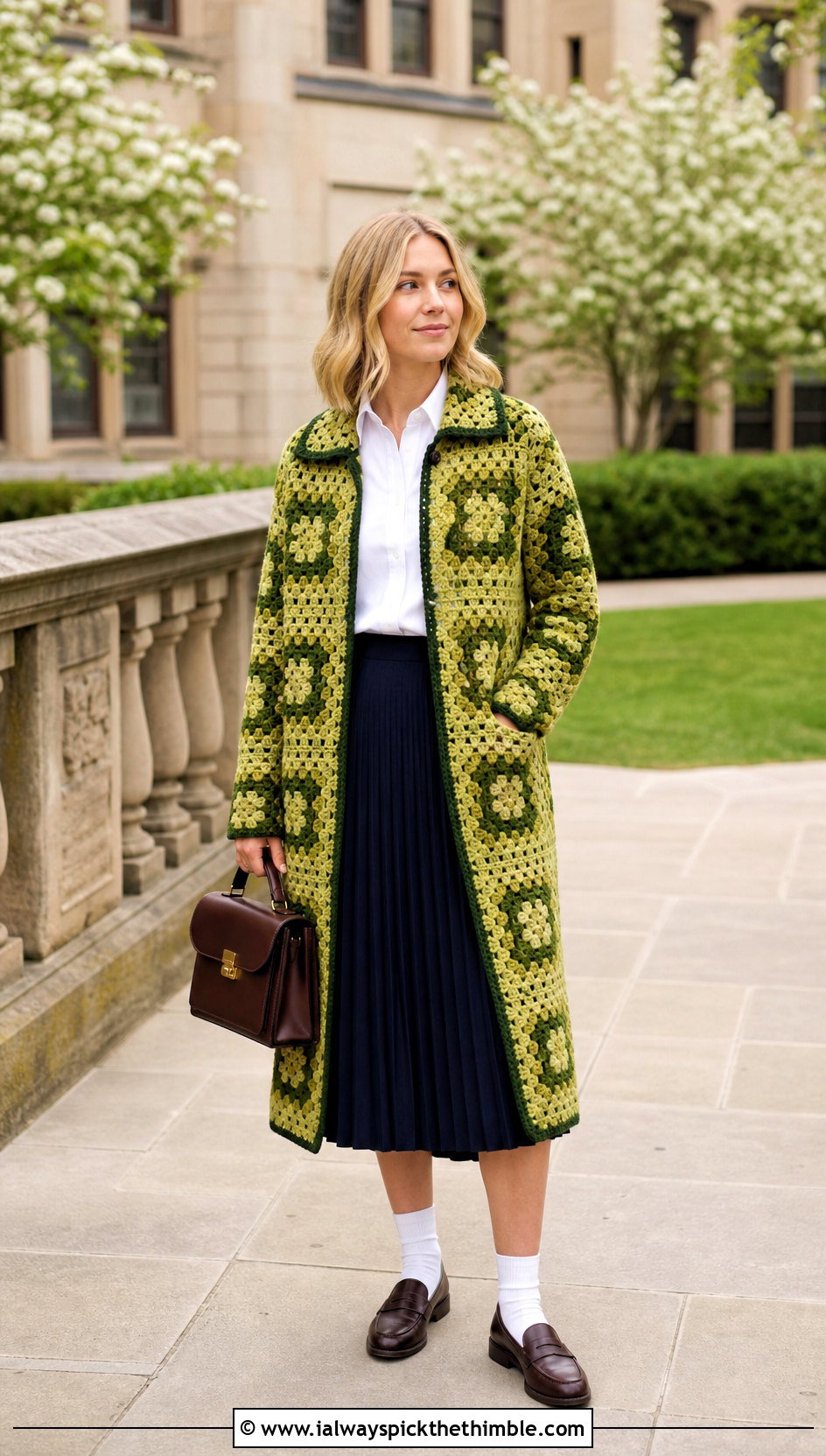 Collared Granny Square Duster With Pleated Skirt - 20 Crochet Granny Square Duster outfit ideas
