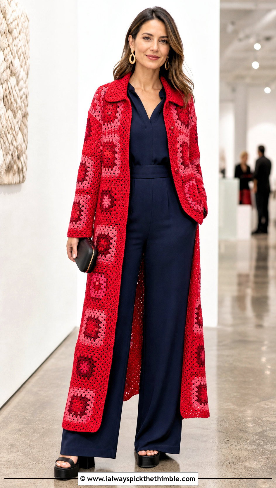 Collared Granny Square Duster With Wide Leg Jumpsuit - 25 granny square duster outfit ideas
