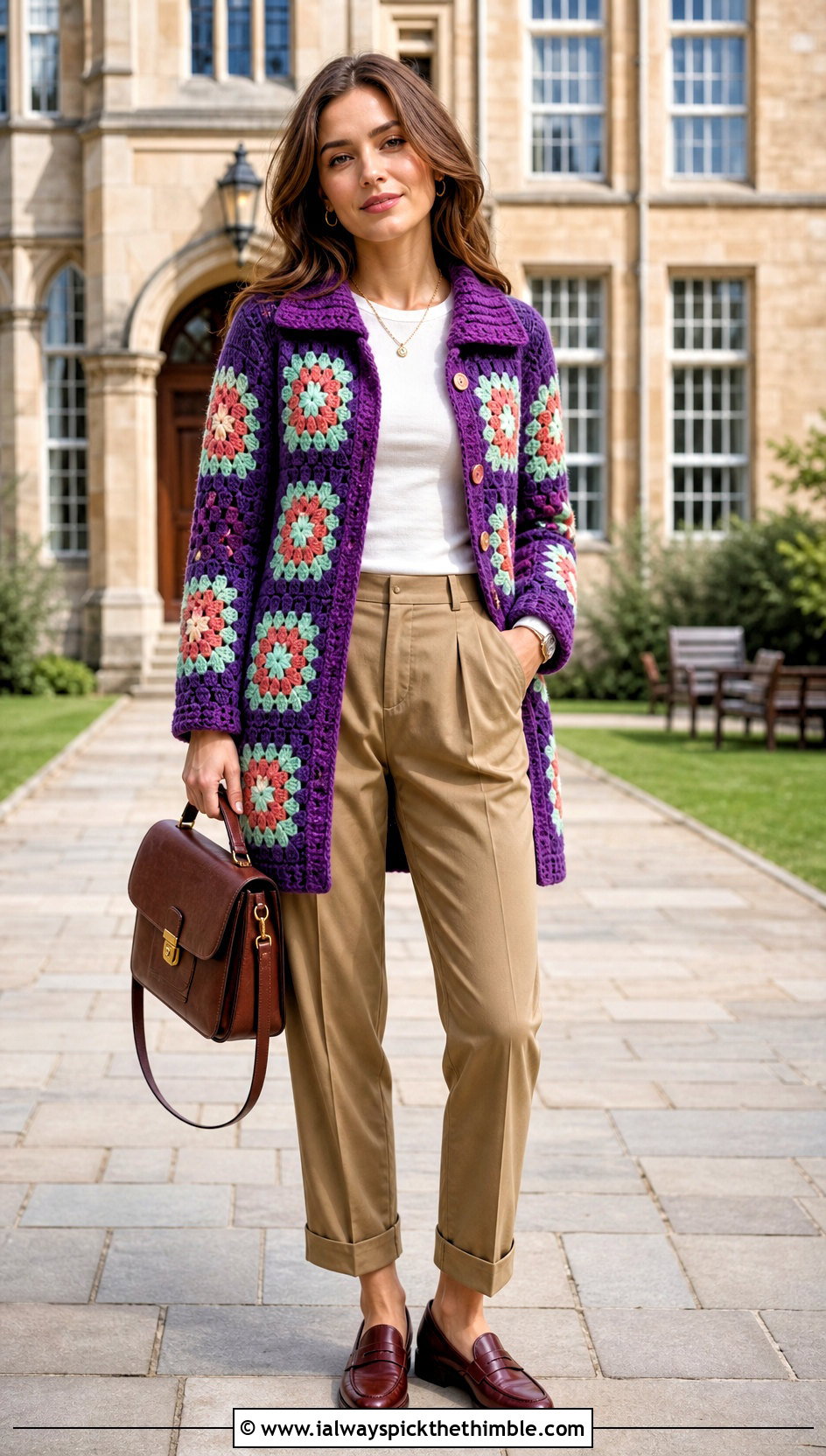 Collared Granny Square Long Cardigan With Pleated Chinos - 25 long granny square cardigan outfit ideas