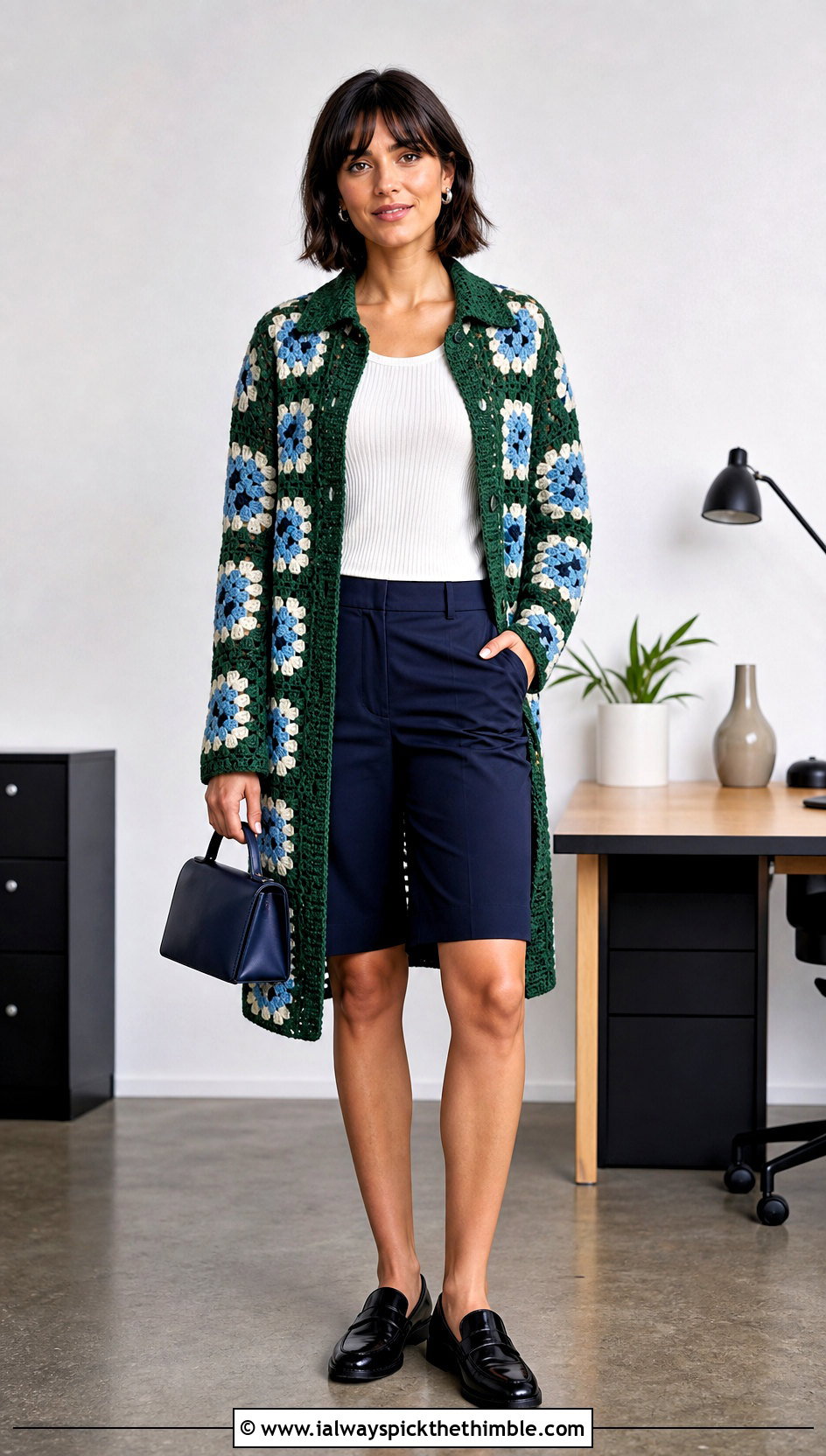 Collared Granny Square Long Cardigan With Tailored Shorts - 20 granny square long cardigan outfit ideas