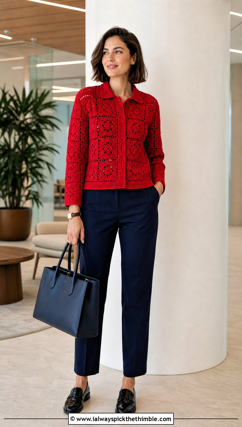 Collared Granny Square Long Sleeve Top With Straight Leg Pants - 20 Granny Square Long Sleeve Top outfit ideas