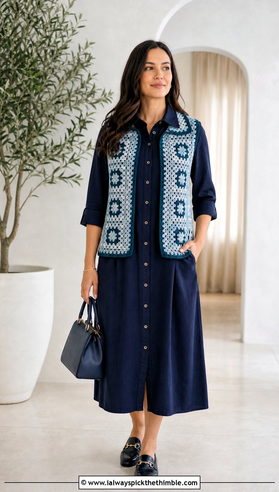 Collared Granny Square Open Vest With Shirt Dress - 20 granny square open vest outfit ideas