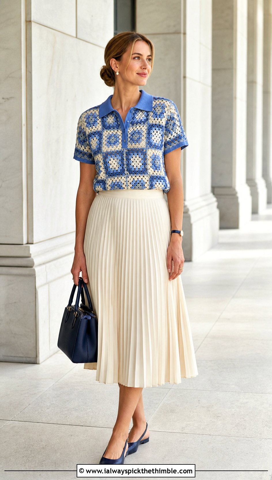 Collared Granny Square Polo Top With Pleated Midi Skirt - 25 granny square top outfit ideas