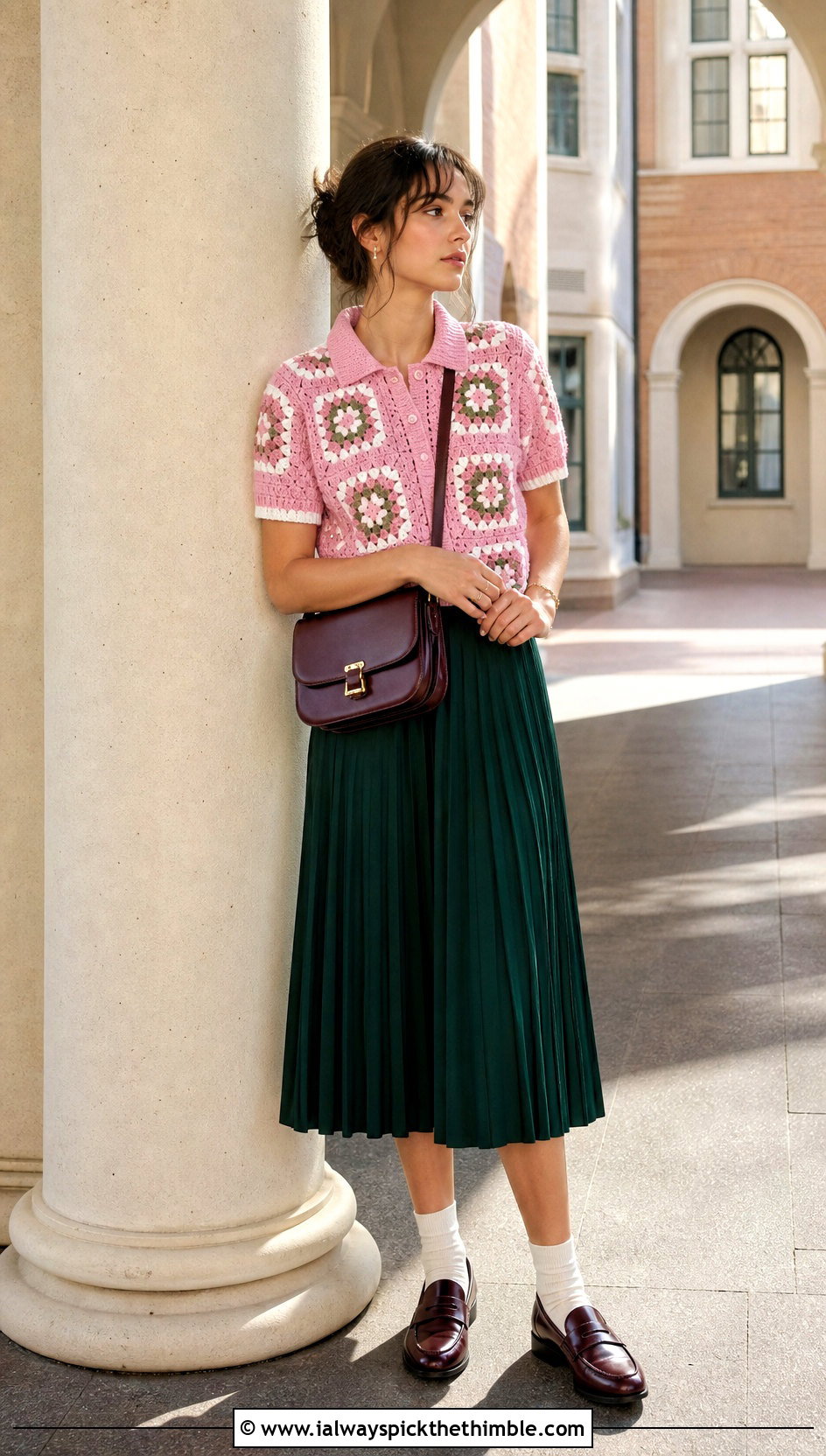 Collared Granny Square Polo Top With Pleated Skirt - 25 crochet granny square tops outfit ideas