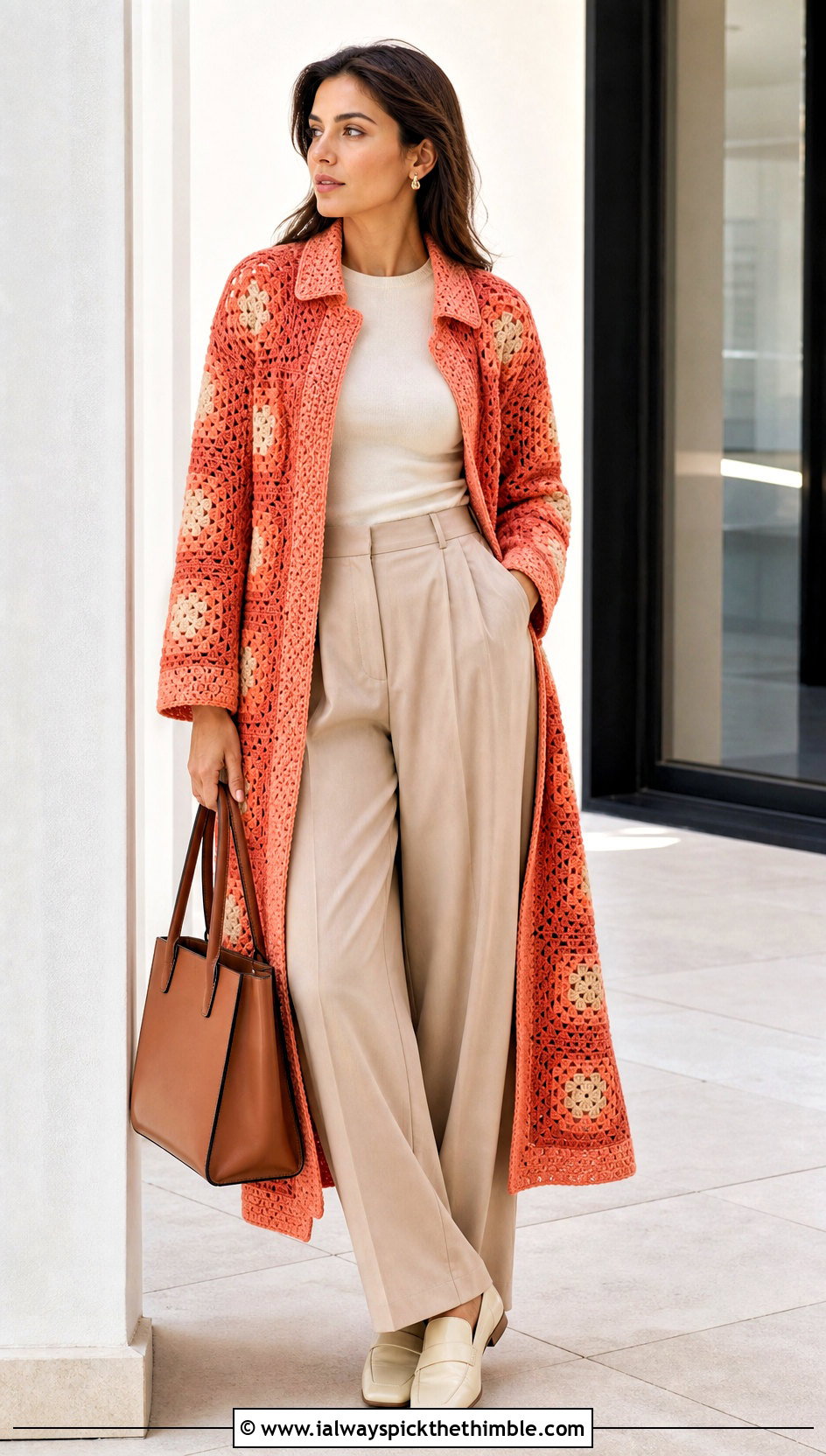 Collared Granny Square Robe With Pleated Trousers - 20 granny square robe outfit ideas