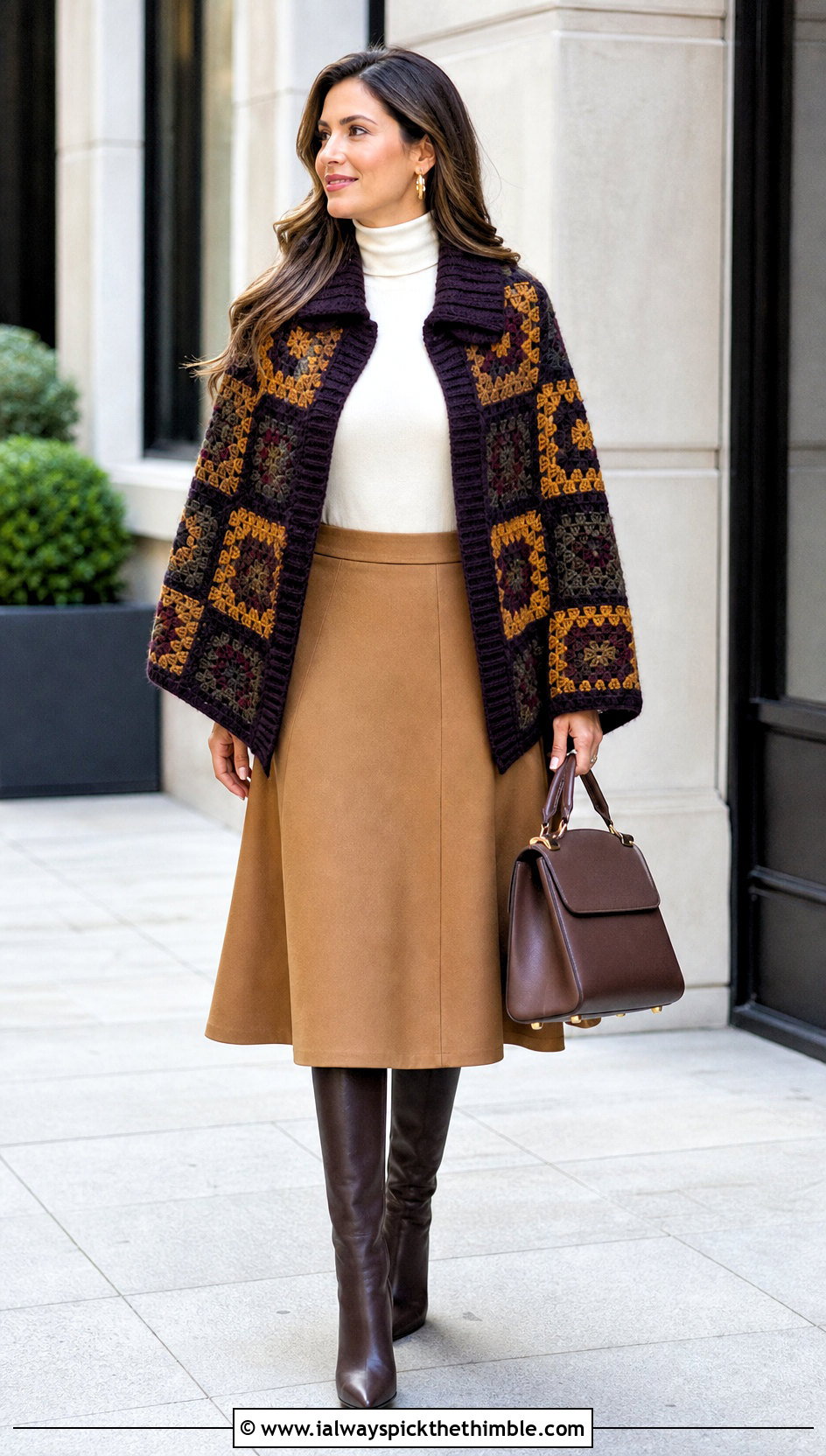 Collared Granny Square Ruana With Turtleneck And Midi Skirt - 20 Granny Square Ruana outfit ideas