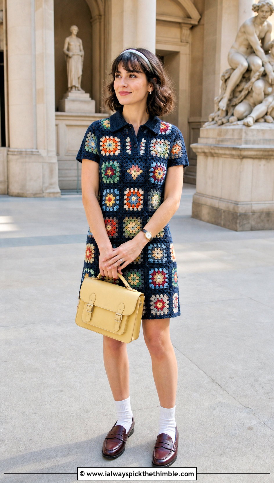 Collared Granny Square Shift Dress With Loafers - 20 Granny Square Crochet Dress outfit ideas