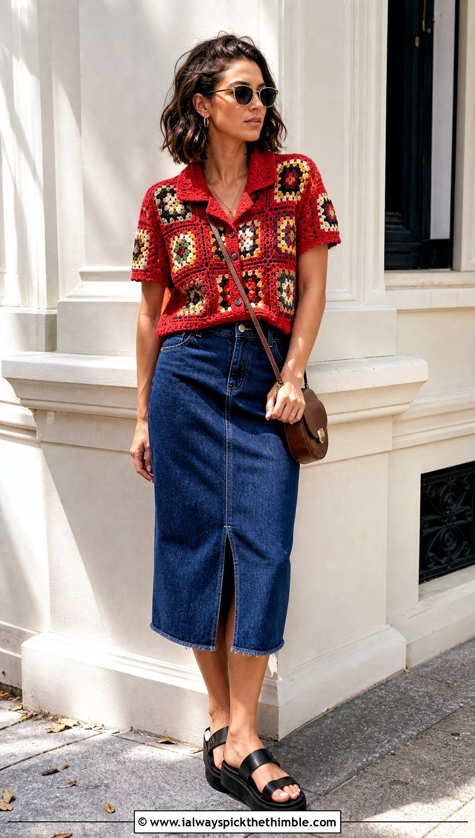 Collared Granny Square Shirt Top With Denim Midi Skirt - 25 granny square summer top outfit ideas