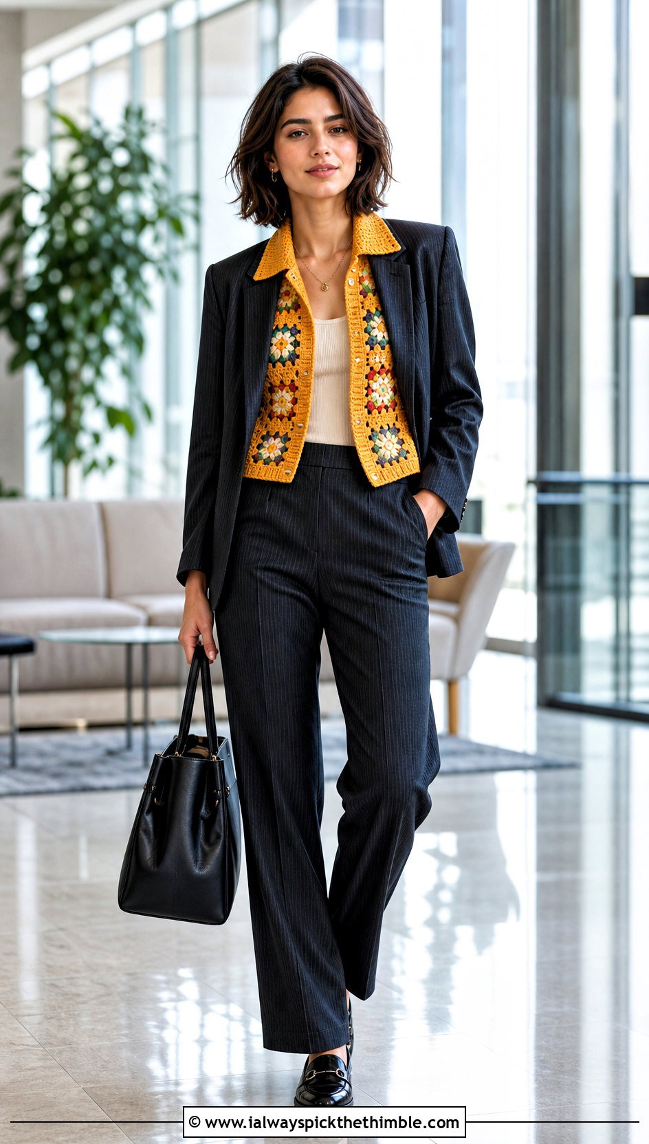 Collared Granny Square Waistcoat With Pinstripe Suit - 25 granny square waistcoat outfit ideas