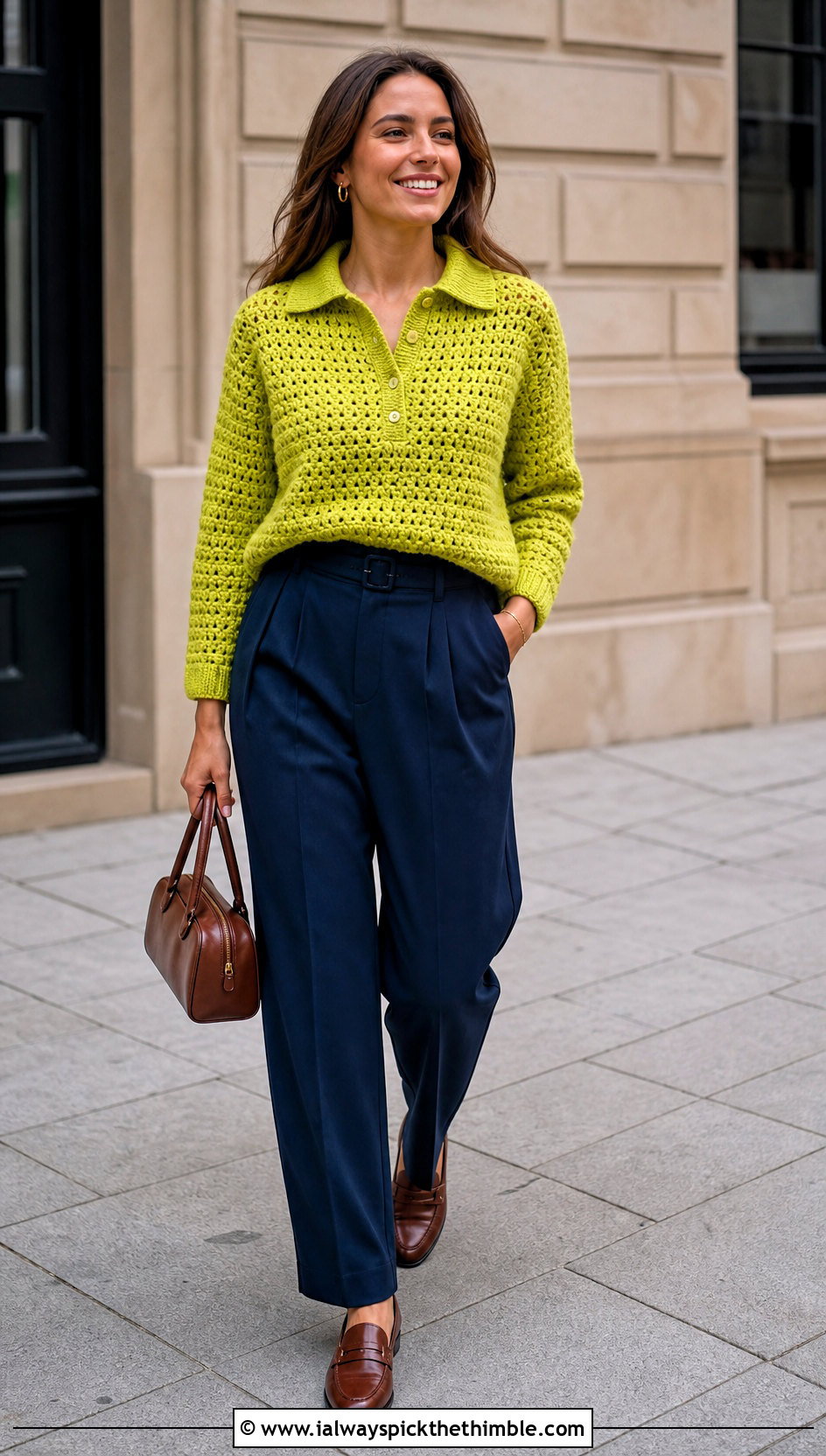 Collared Granny Stitch Polo Sweater With Pleated Pants - 25 crochet granny stitch sweater outfit ideas