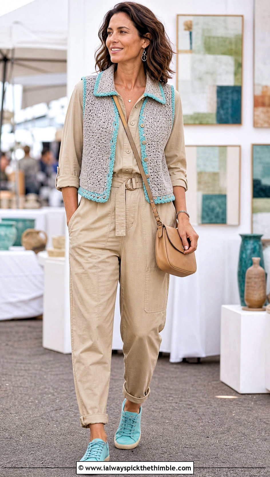 Collared Gray Crochet Vest With Utility Jumpsuit - 15 gray crochet vest outfit ideas