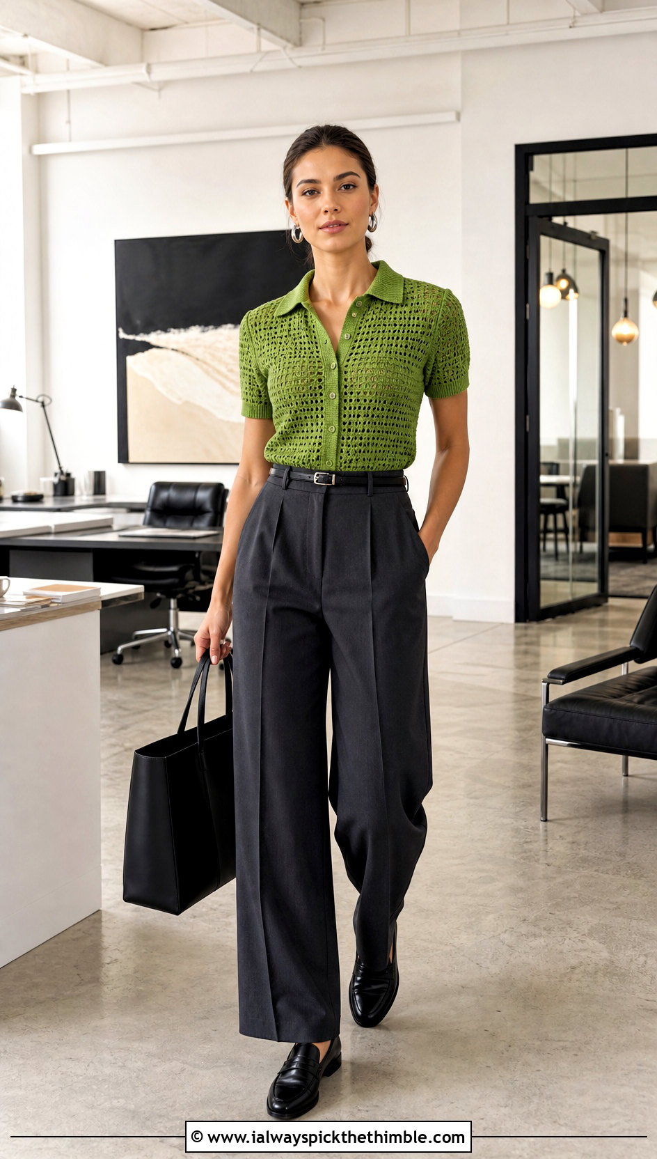 Collared Green Crochet Blouse With Tailored Trousers - 15 green crochet blouse design outfit ideas