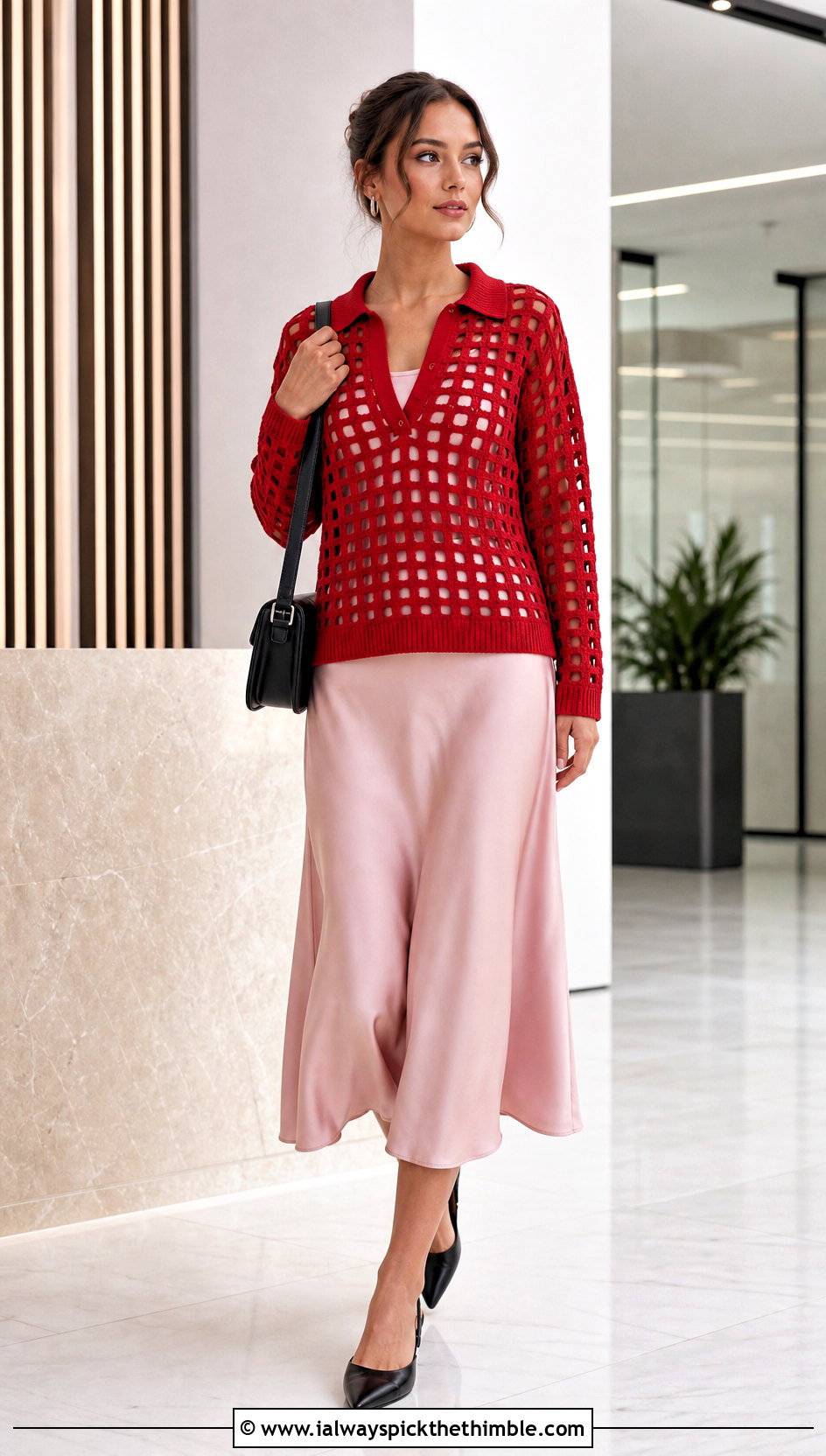 Collared Grid Crochet Sweater With Satin Midi Skirt - 15 grid crochet sweater design outfit ideas