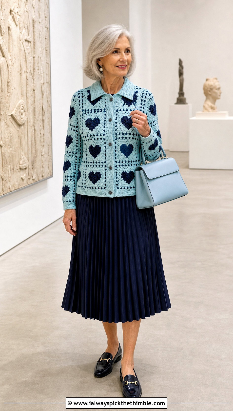 Collared Heart Granny Square Cardigan With Pleated Midi Skirt - 25 Heart Granny Square Cardigan outfit ideas