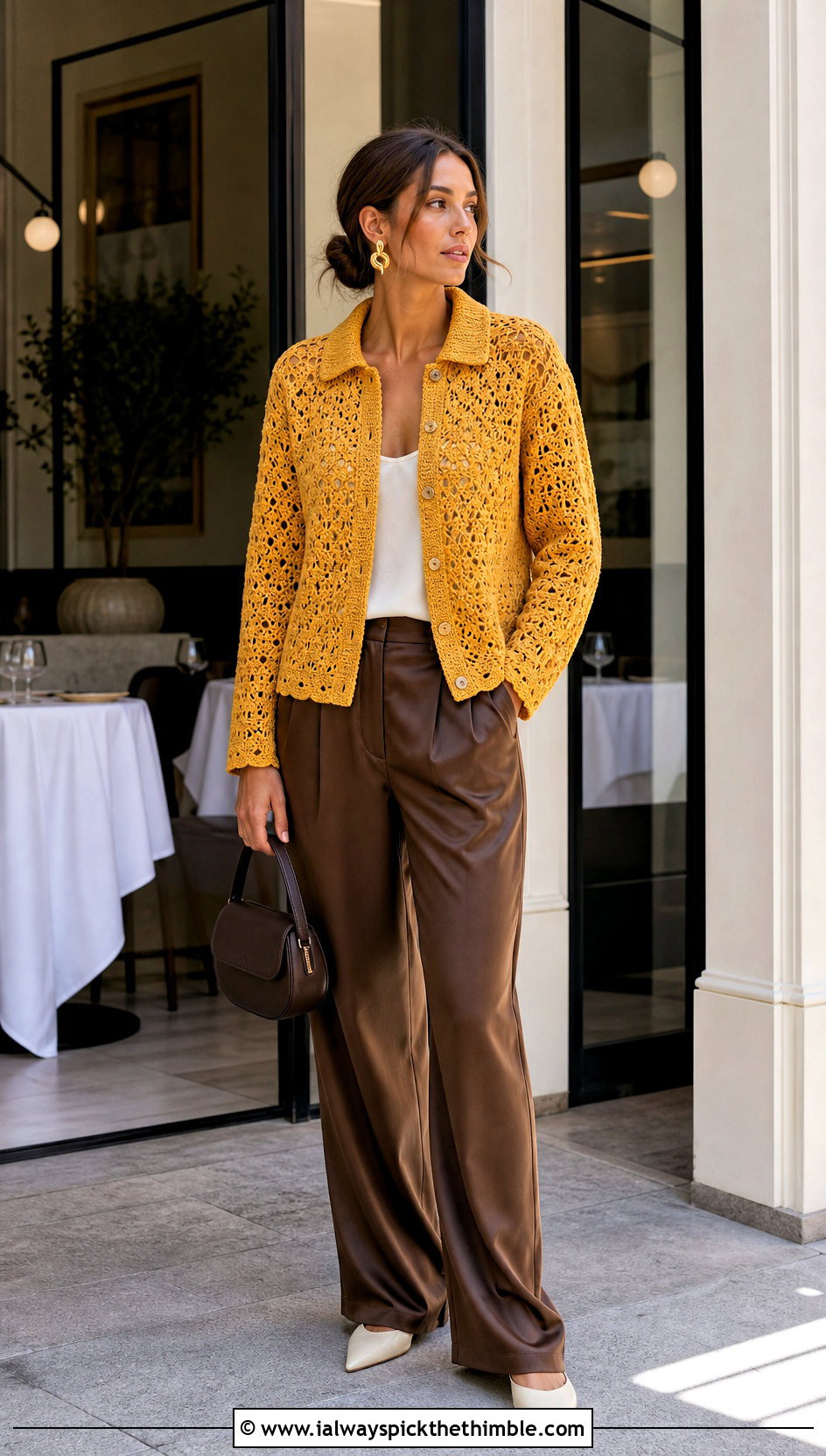 Collared Hex Crochet Cardigan With Satin Trousers - 25 hex crochet cardigan outfit ideas