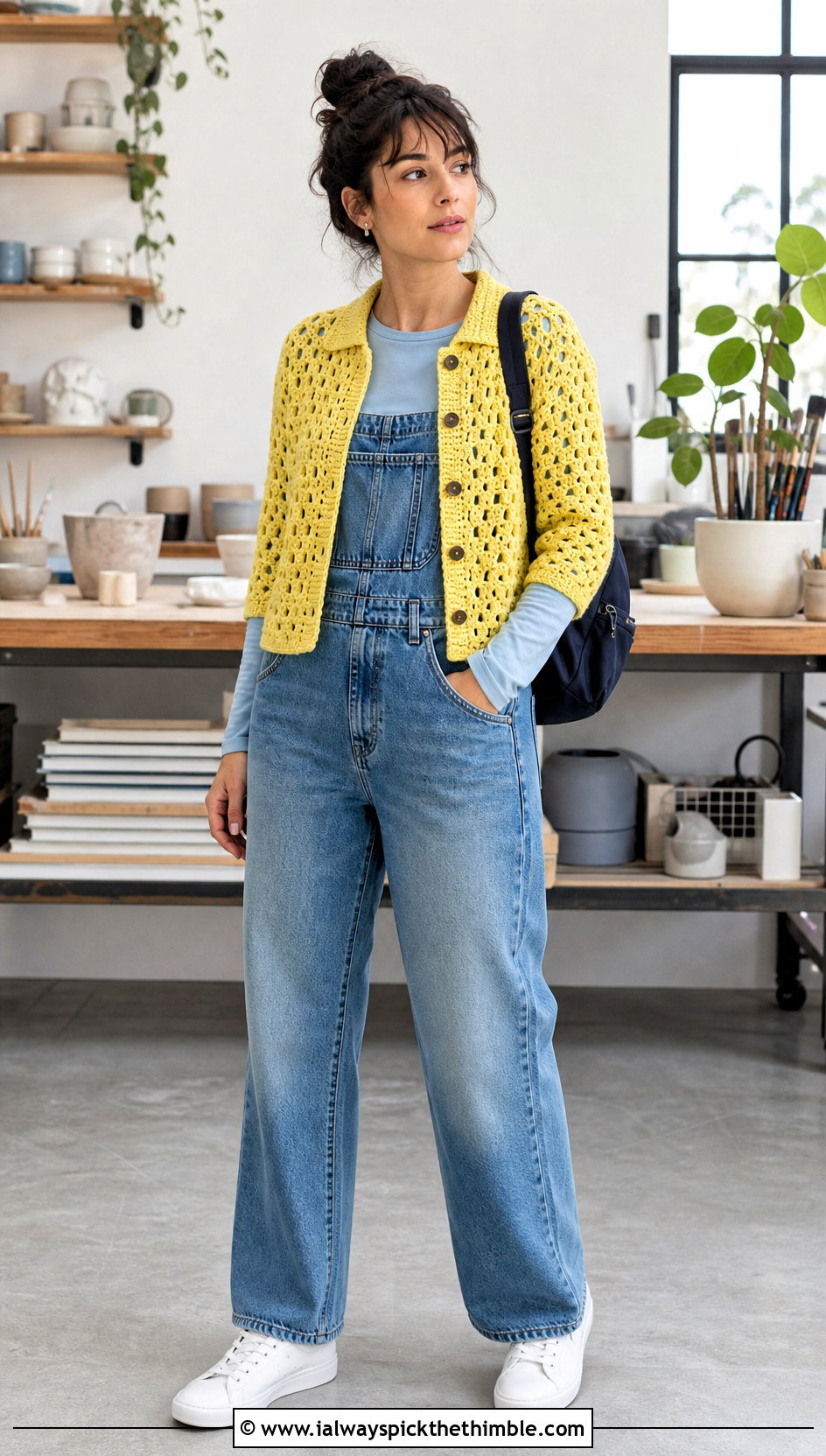 Collared Hexi Crochet Cardigan With Denim Overalls - 25 hexi crochet cardigan outfit ideas