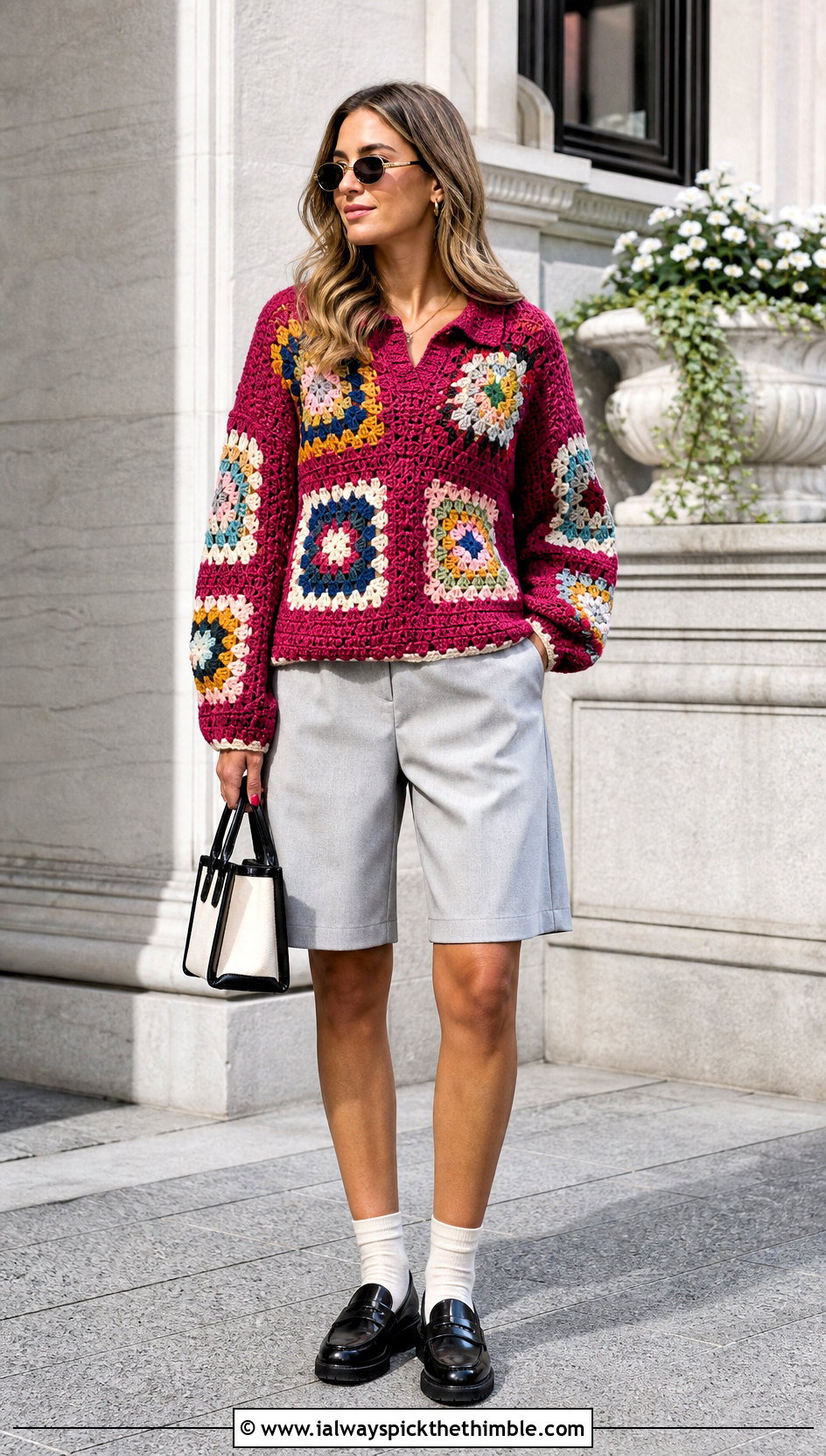 Collared Large Granny Square Sweater With Bermuda Shorts - 25 large granny square sweater outfit ideas